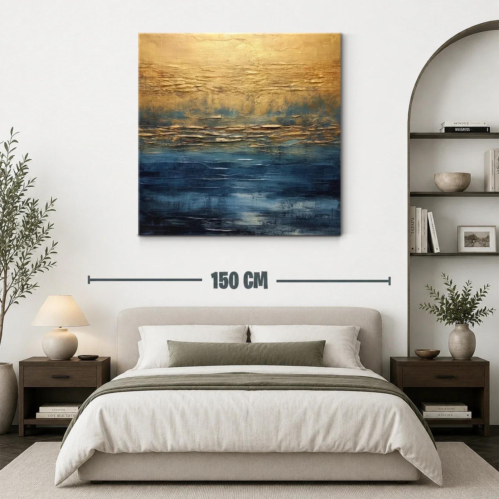 Cuadro abstracto con tonos dorados y azul profundo — miniatura 3