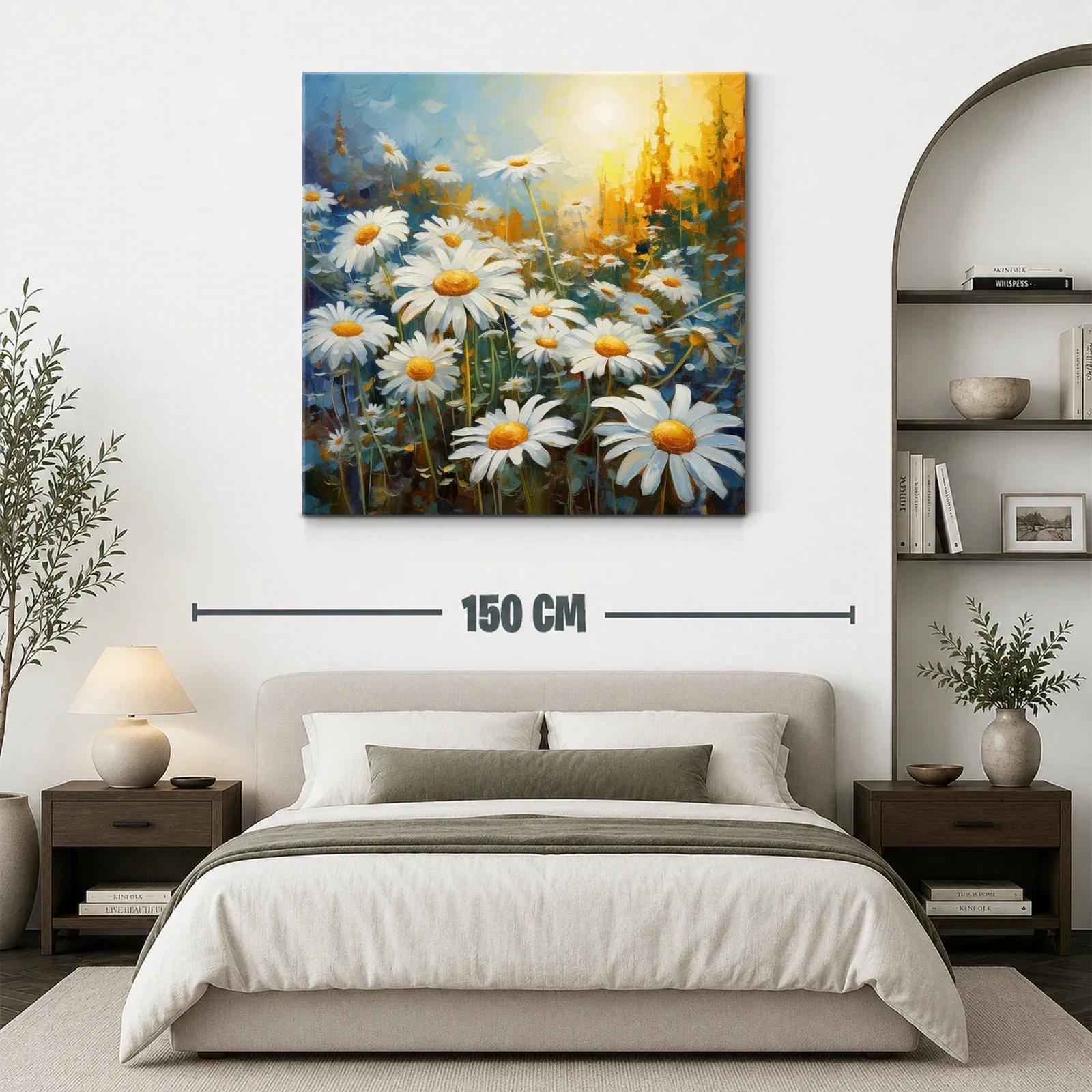Campo luminoso de margaritas con amanecer dorado — miniatura 3