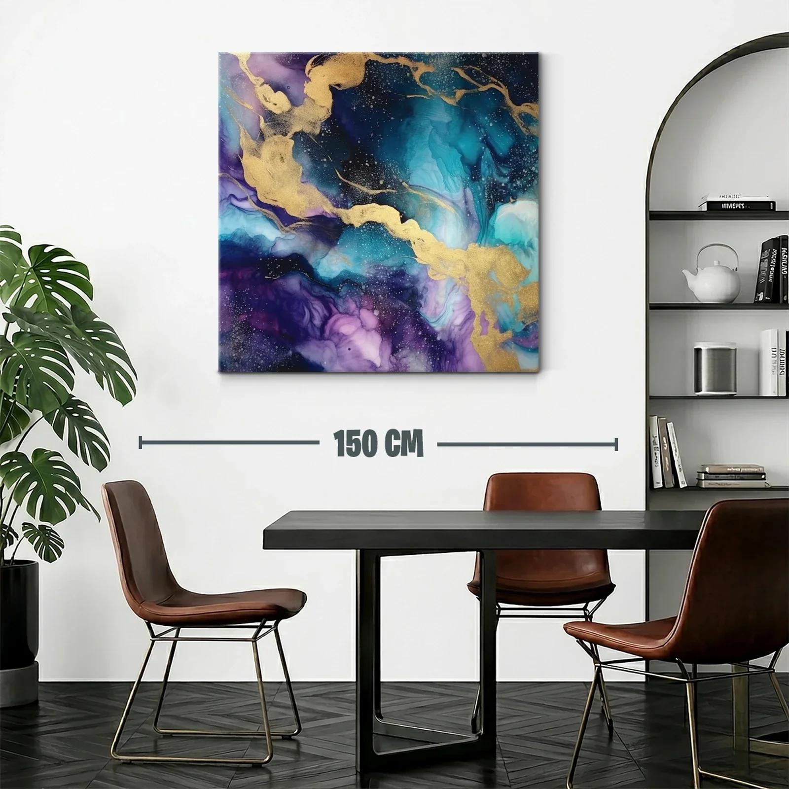 Cuadro abstracto con tonos azulados y dorados vibrantes — miniatura 2