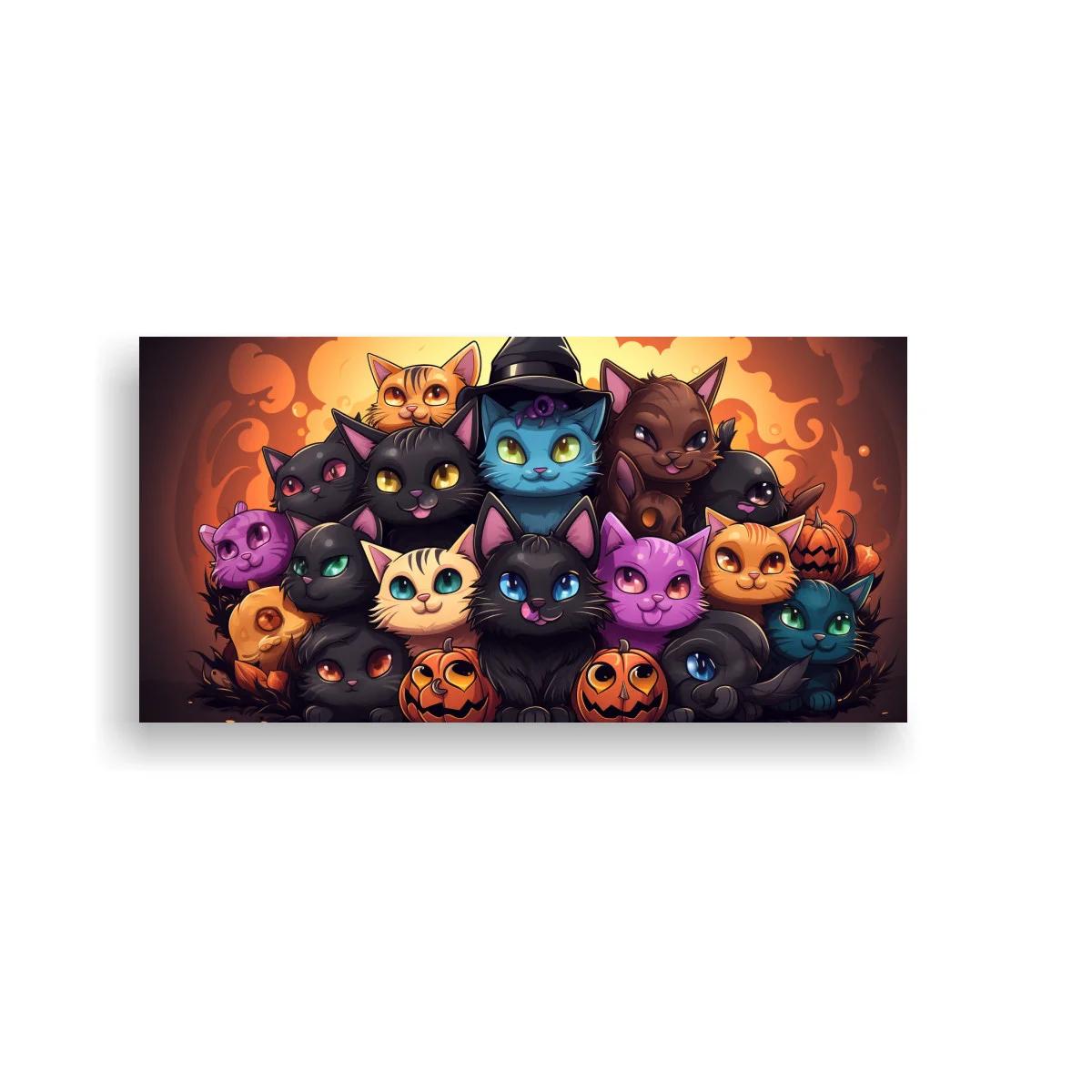 Cuadro grupo de gatos con calabazas de Halloween y fondo luminoso — imagen principal