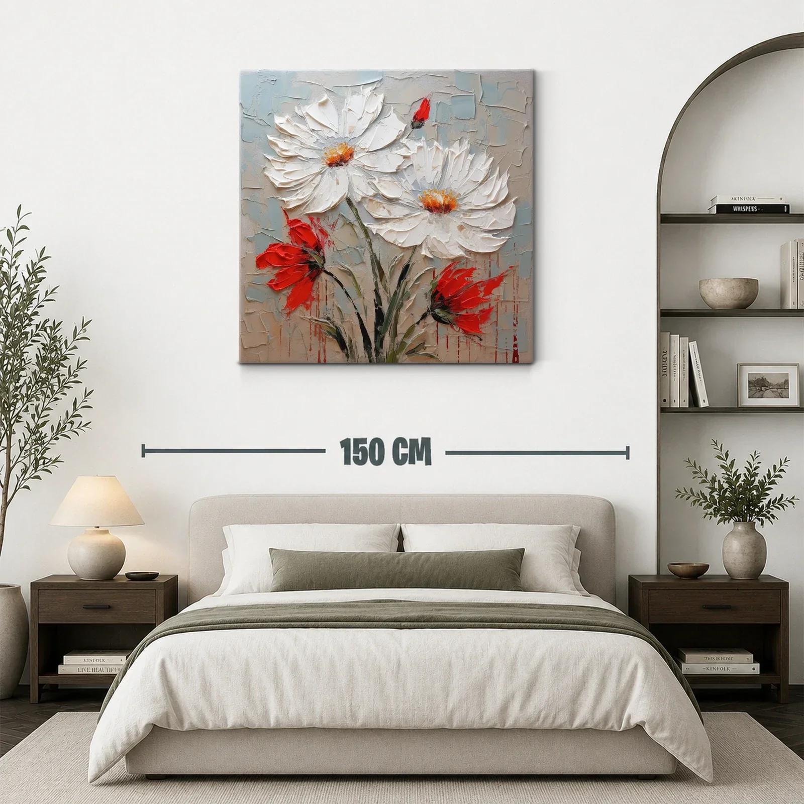 Cuadro floral en relieve con margaritas blancas y acentos rojos — miniatura 3