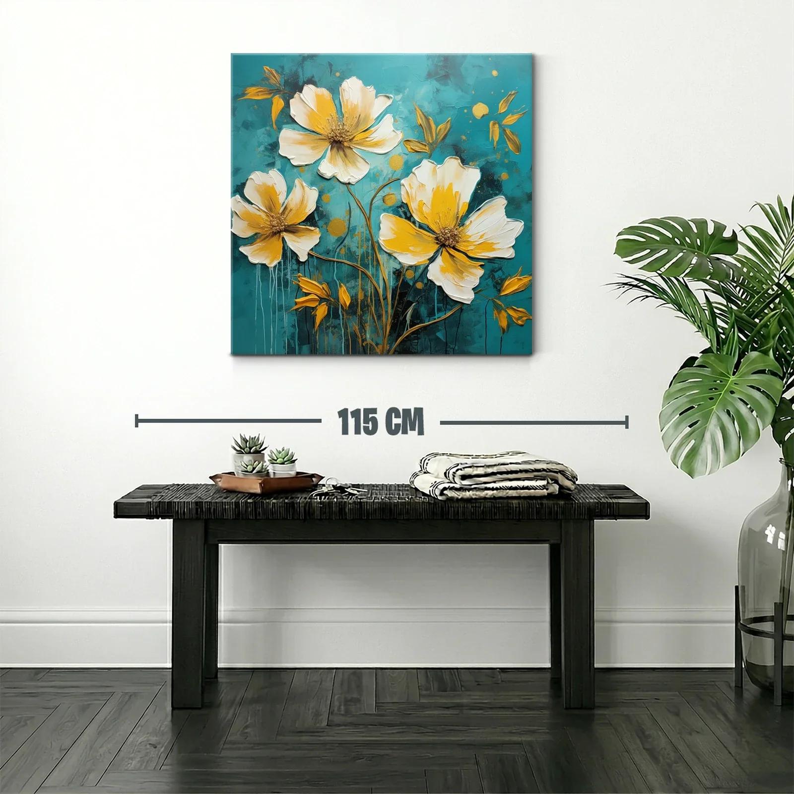 Cuadro floral moderno en tonos cálidos y fondo azul profundo — miniatura 2