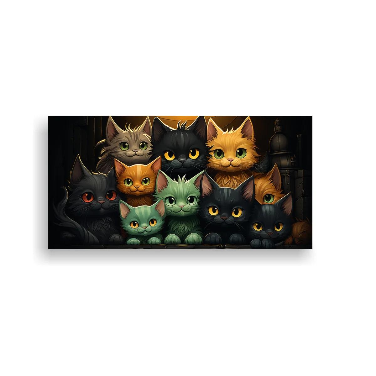 Cuadro grupo de gatos con ojos grandes y pelaje en verde coral y negro — imagen principal