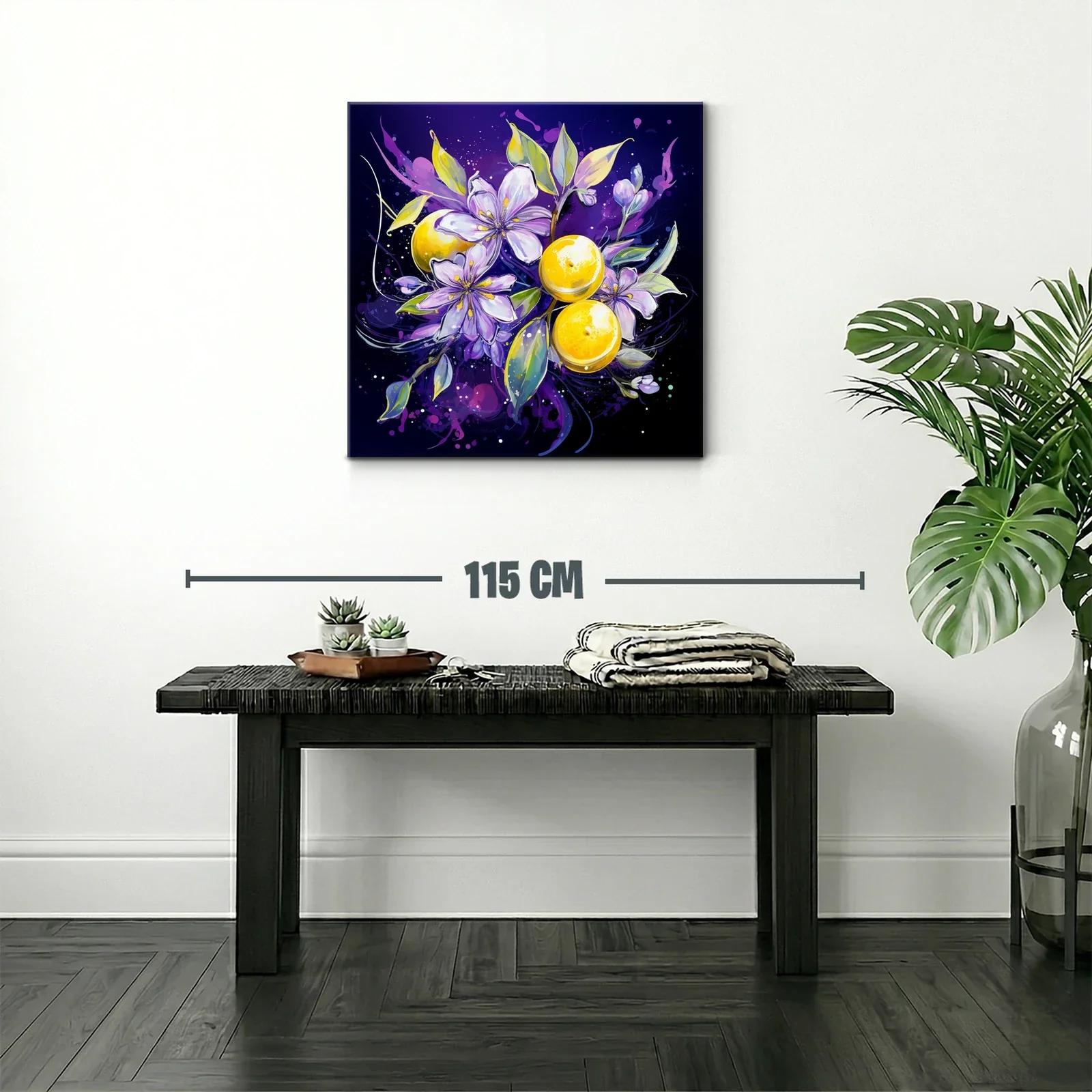 Composición vibrante con flores lilas y frutas amarillas — miniatura 2