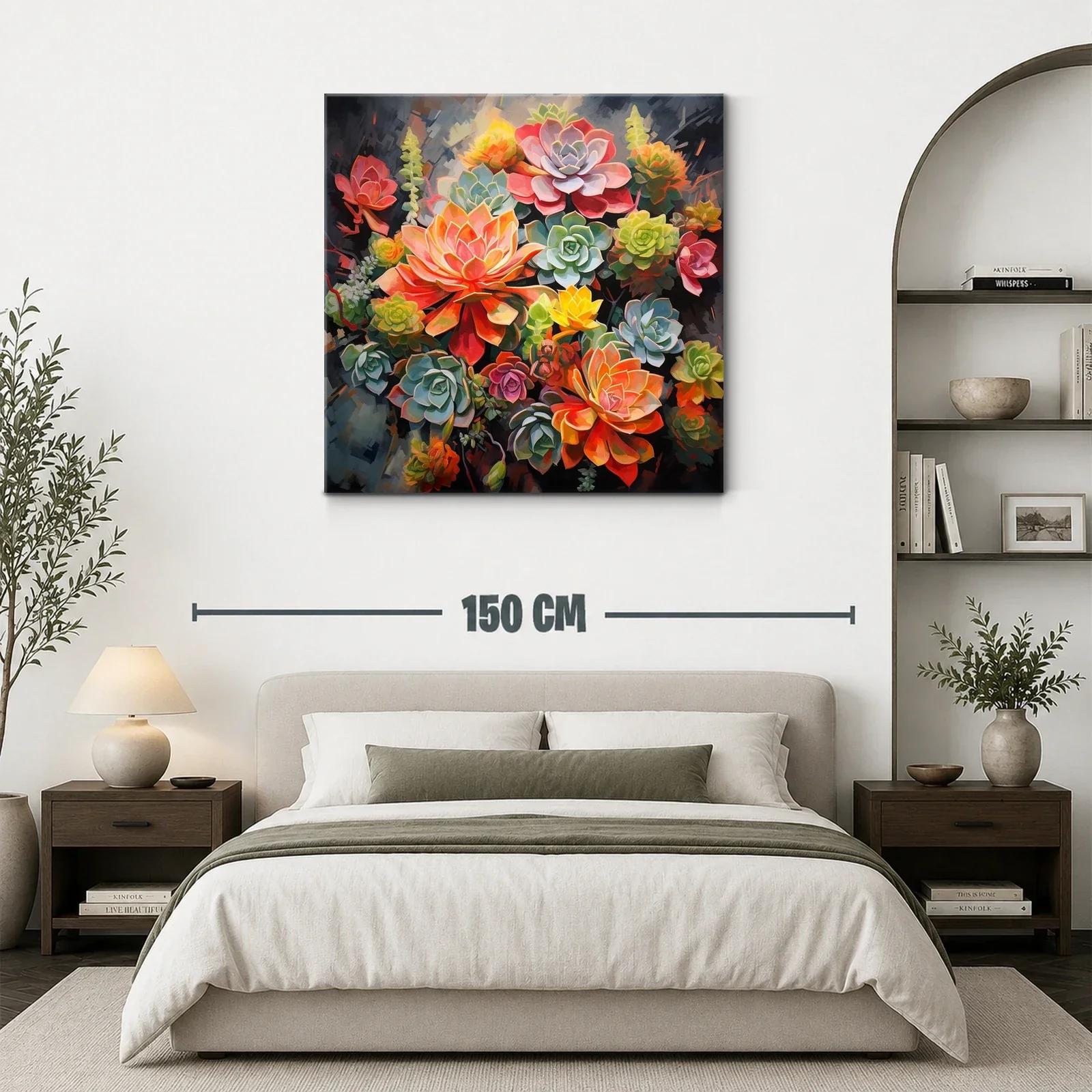 Cuadro floral vibrante con suculentas en tonos cálidos y verdes — miniatura 3