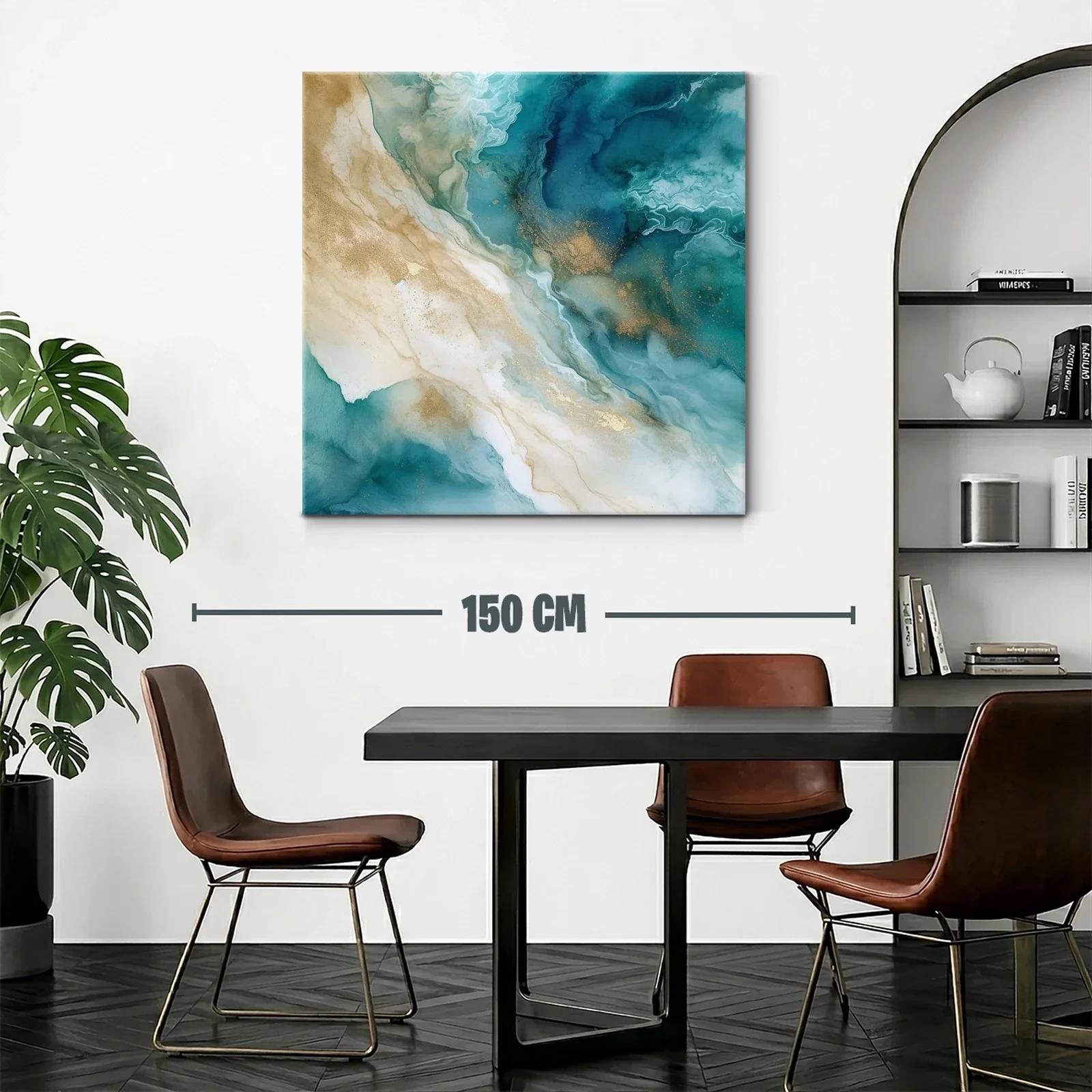 Cuadro abstracto con tonos turquesa y dorados elegantes — miniatura 2