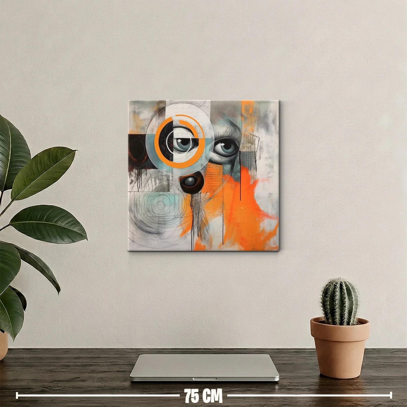Cuadro abstracto con ojos y detalles geométricos en tonos vibrantes — miniatura 2