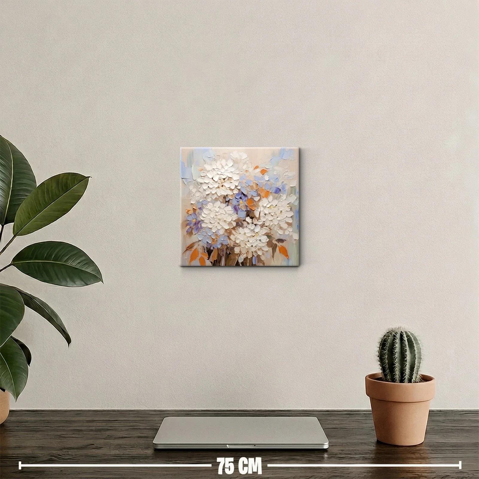 Cuadro decorativo con flores blancas y detalles en azul y naranja — miniatura 2