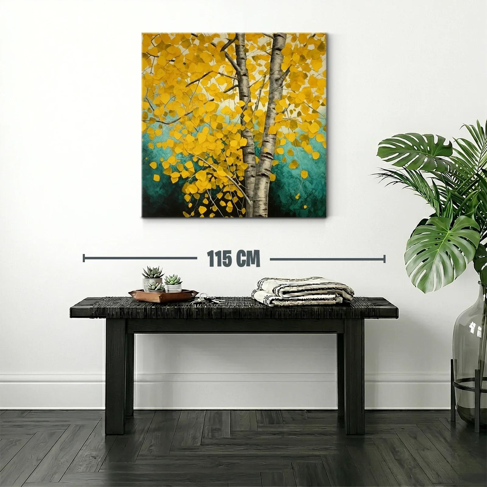 Árbol de hojas doradas con tronco plateado en fondo turquesa — miniatura 2