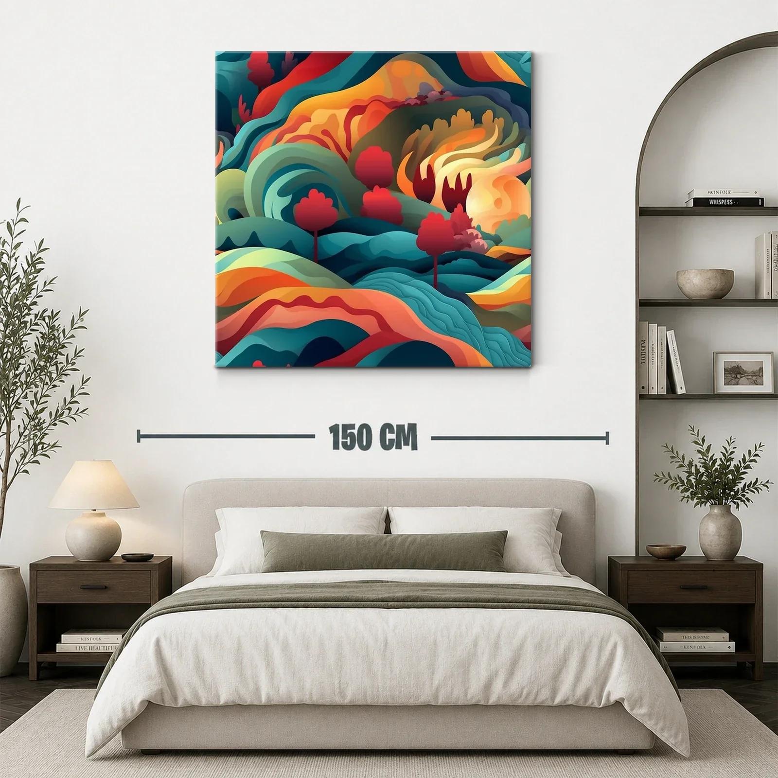 Paisaje abstracto con vibrantes formas ondulantes y árboles rojos — miniatura 3