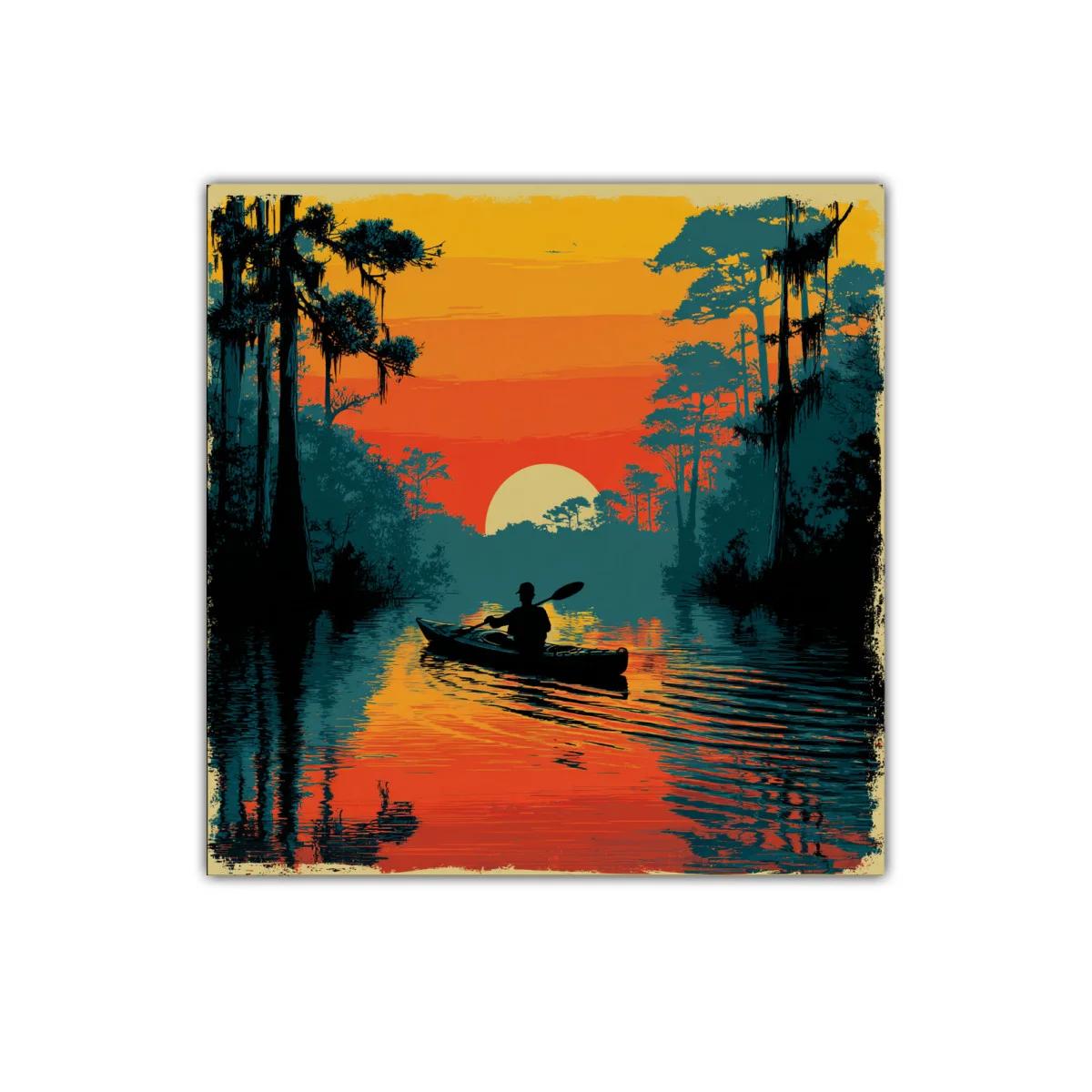 Atardecer sereno con kayak entre árboles y agua reflejada — miniatura 1