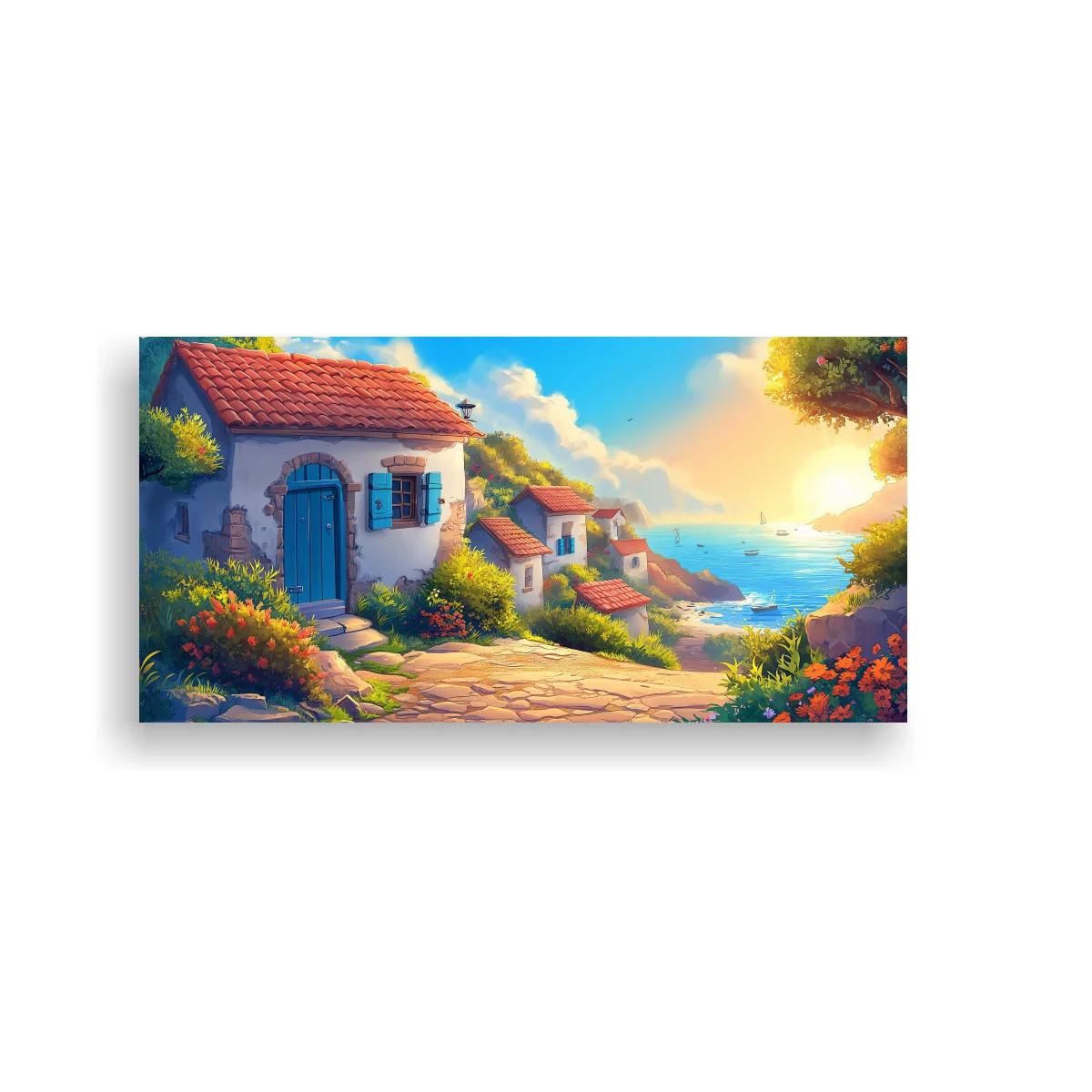 Cuadro casas mediterráneas junto al mar con camino de piedra — imagen principal