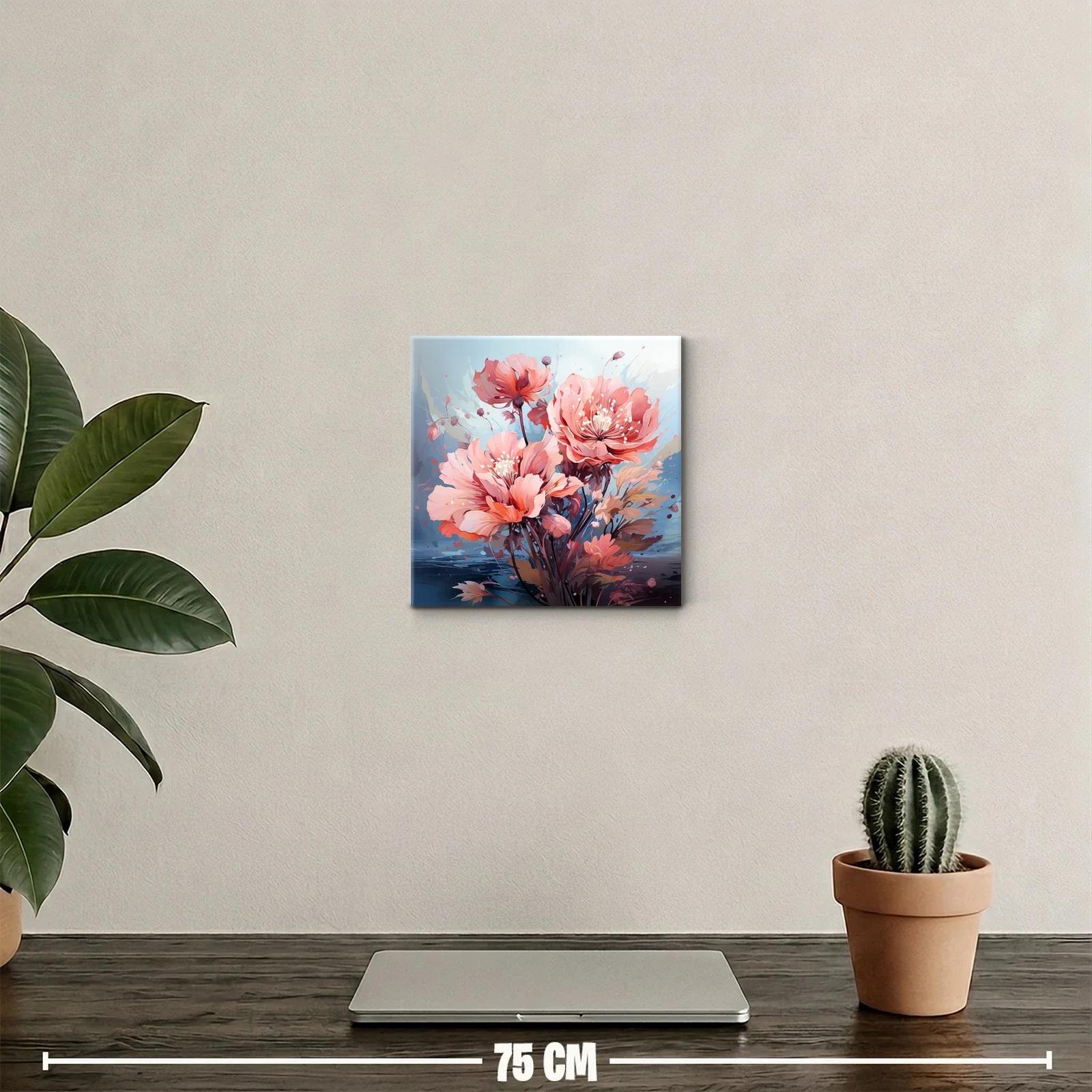 Cuadro decorativo con flores vibrantes en tonos coral y azul — miniatura 2
