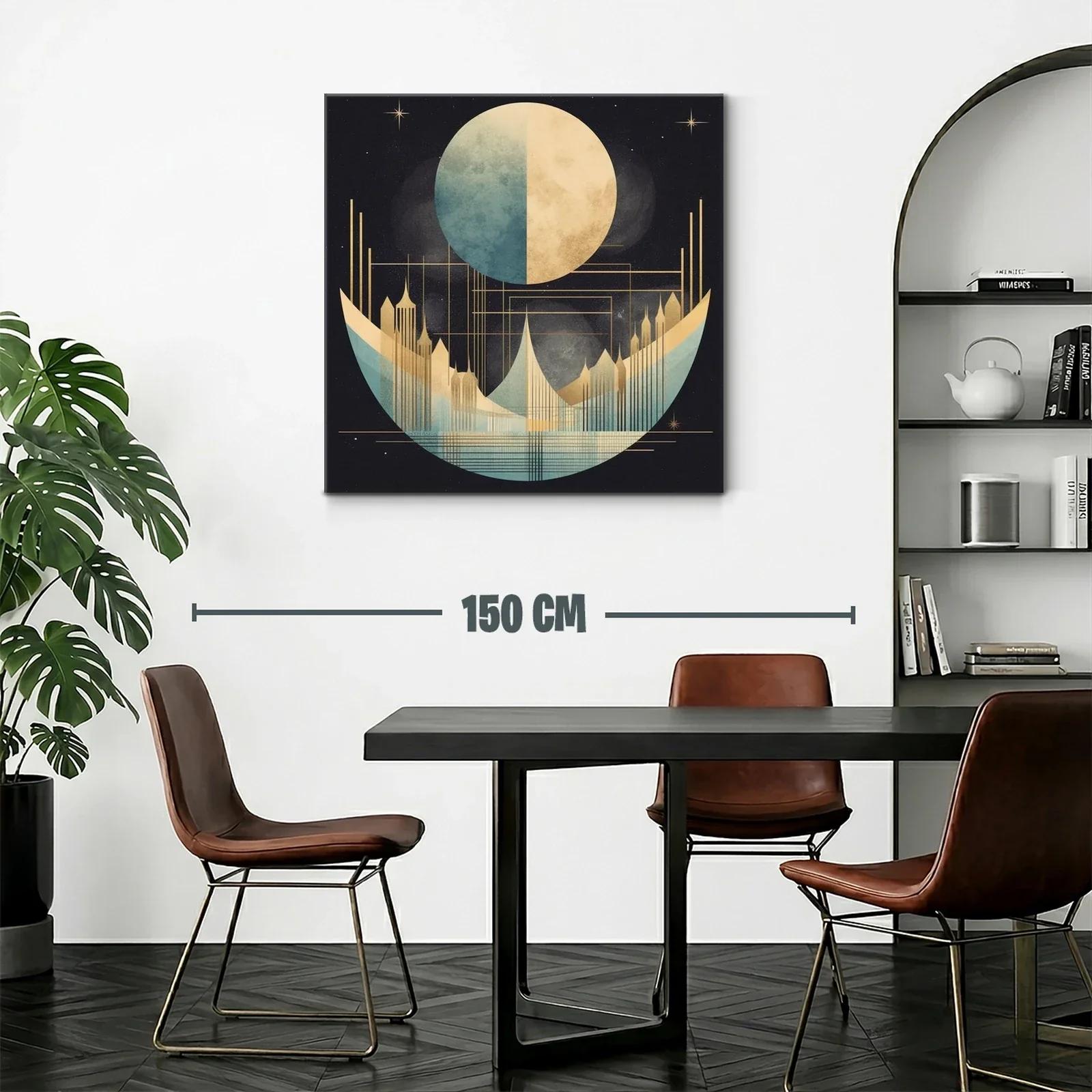 Cuadro abstracto con luna y ciudad futurista en tonos dorados — miniatura 2