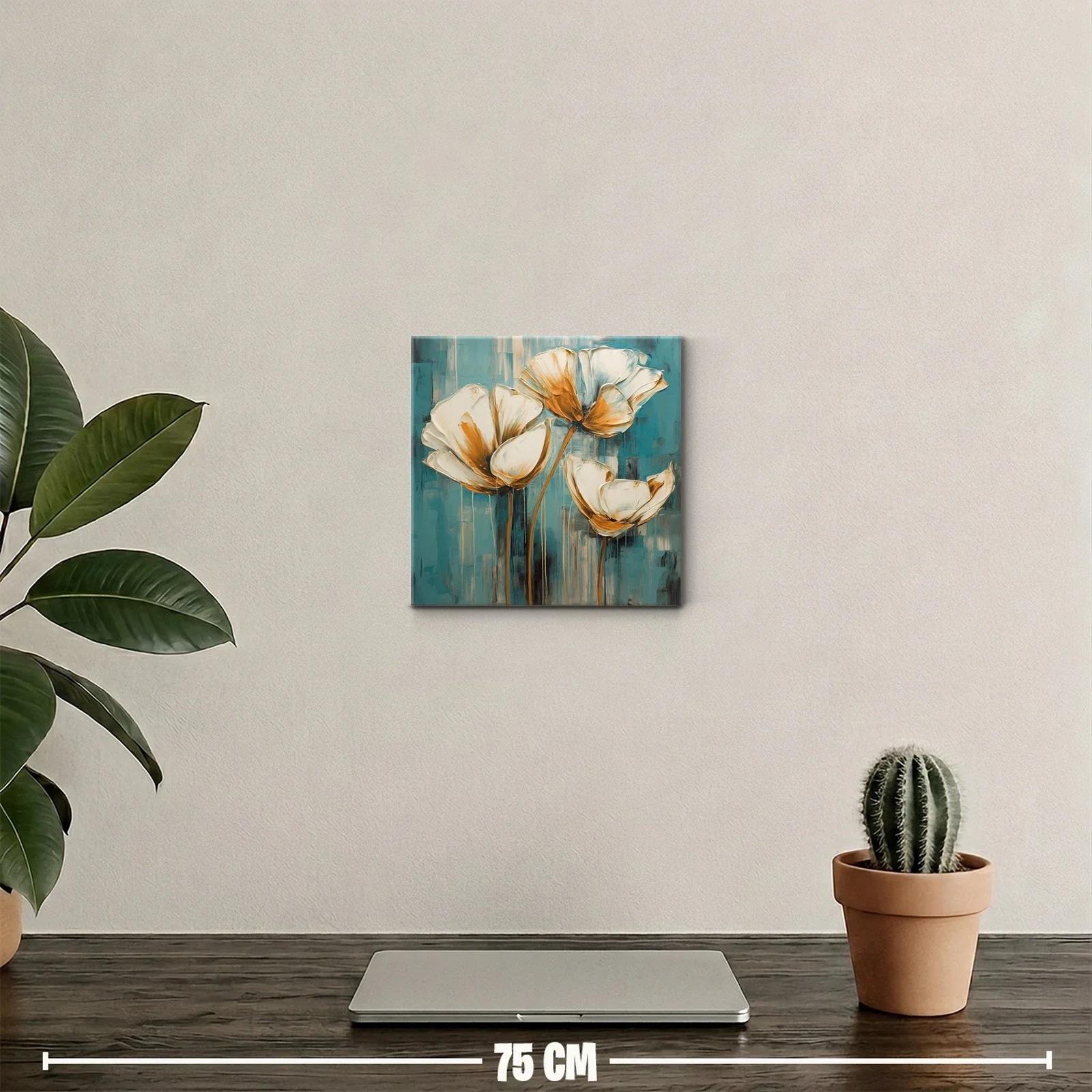 Cuadro decorativo con flores en tonos cálidos y fondo azul — miniatura 2