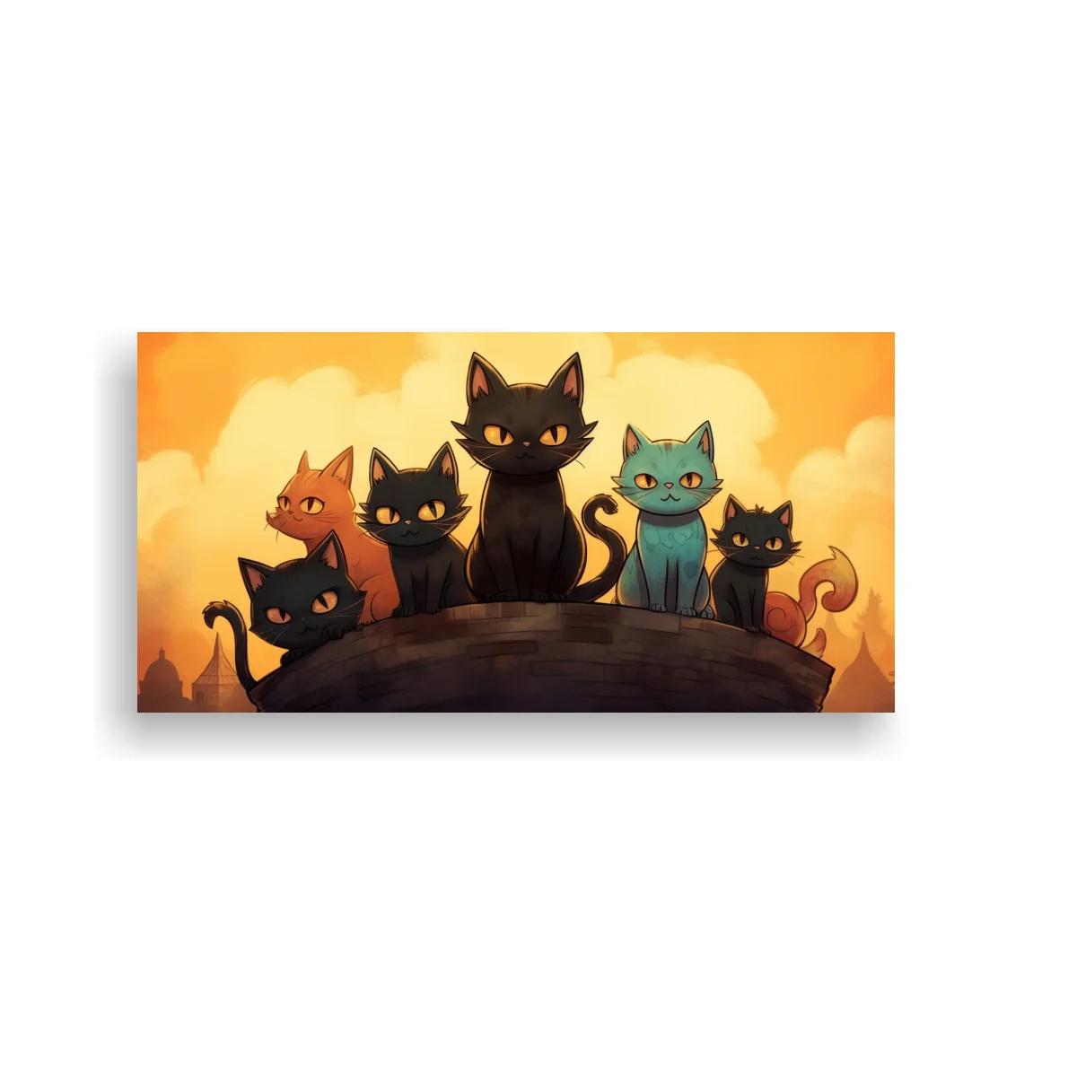Cuadro grupo de gatos con cielo luminoso y tejados al fondo — imagen principal