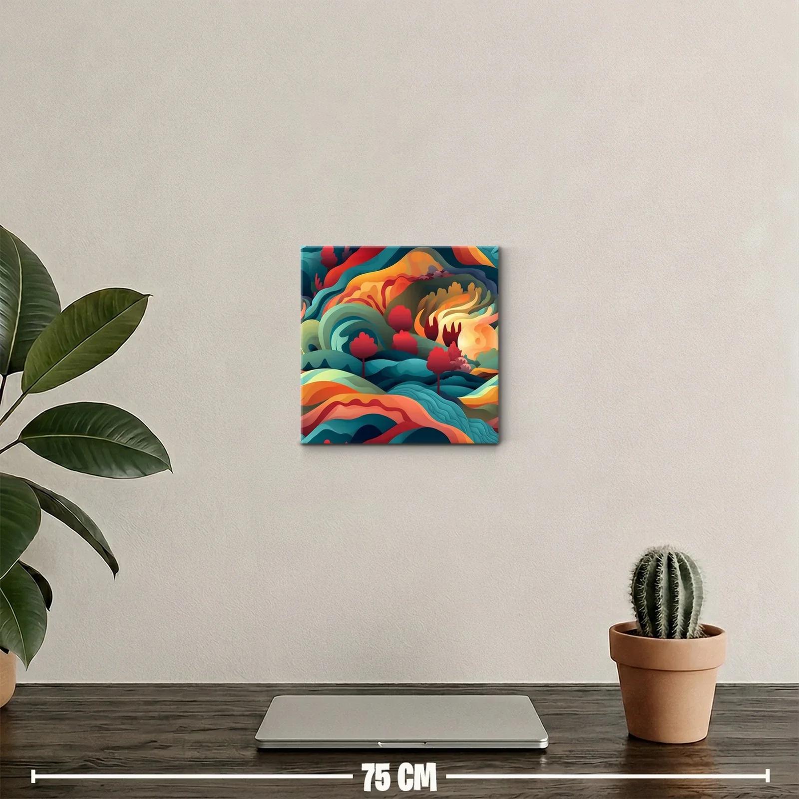 Paisaje abstracto con vibrantes formas ondulantes y árboles rojos — miniatura 2