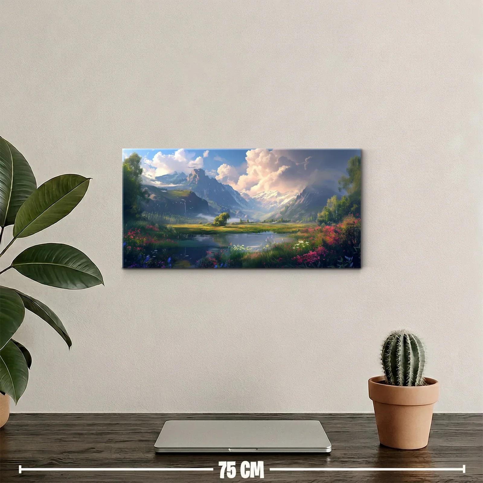 Cuadro lago de montaña con pradera florida — miniatura 2