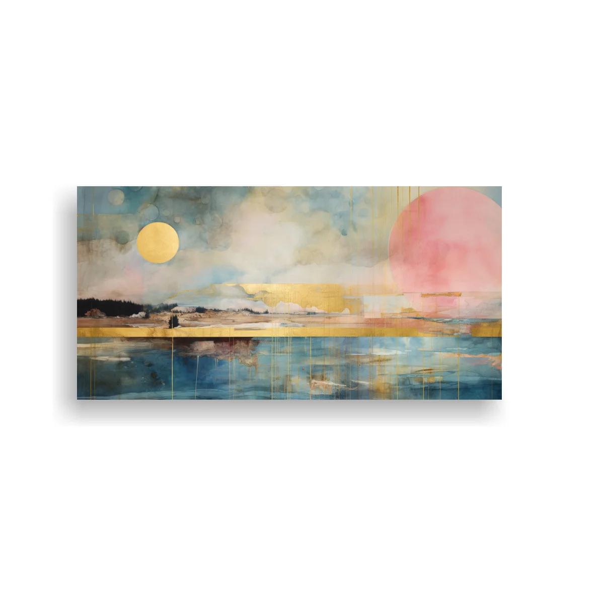 Cuadro paisaje abstracto con dos soles y reflejos suaves — imagen principal