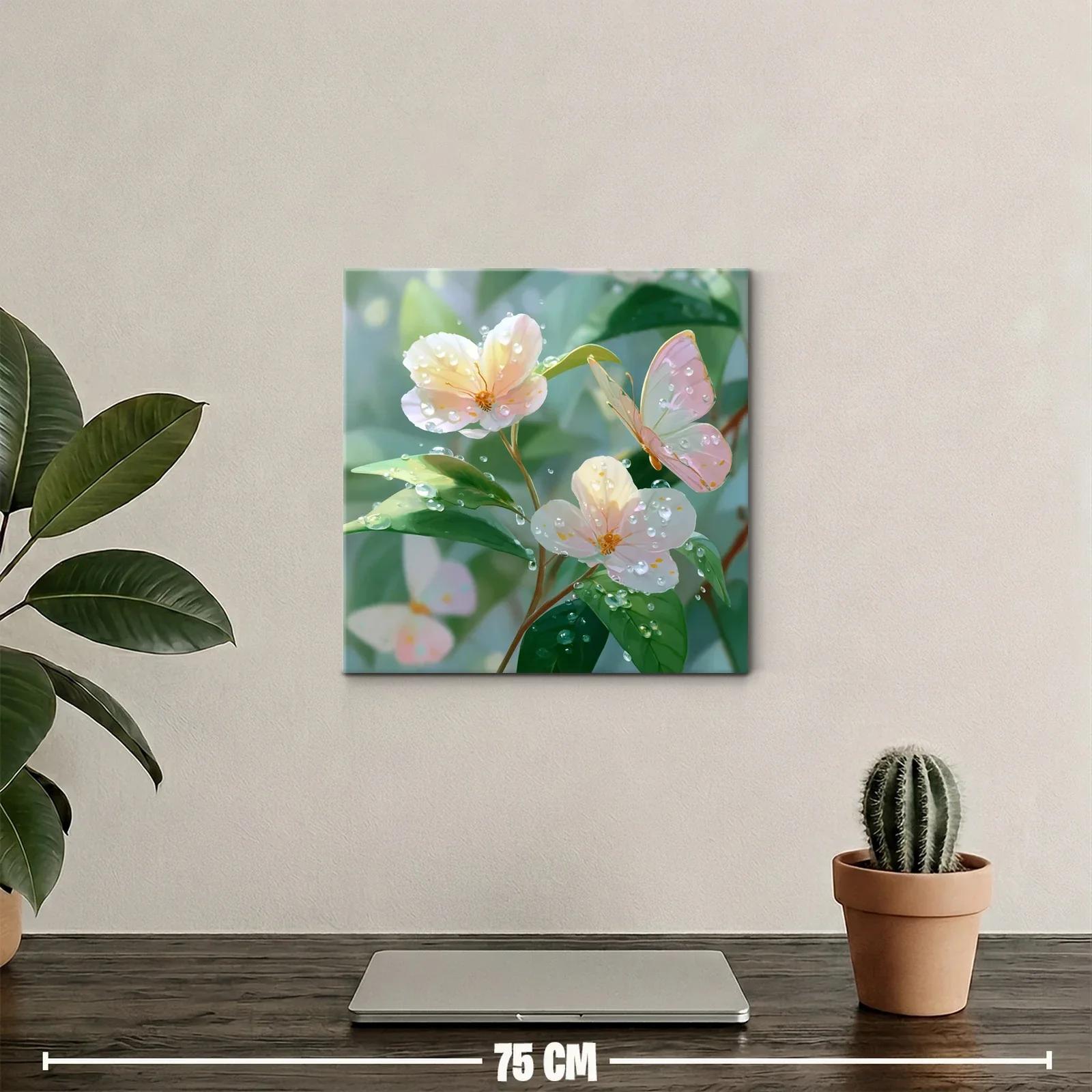 Flores y mariposas con gotas de rocío en tonos suaves — miniatura 2