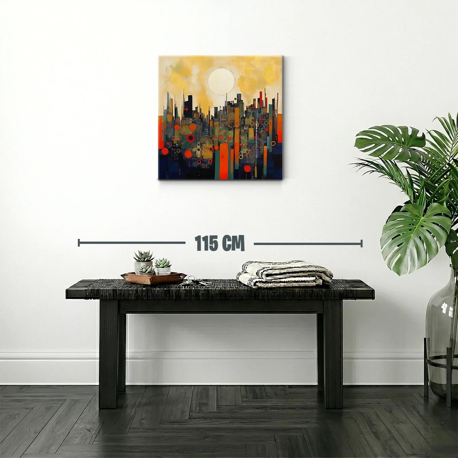 Cuadro abstracto paisaje urbano con círculo dorado — miniatura 2