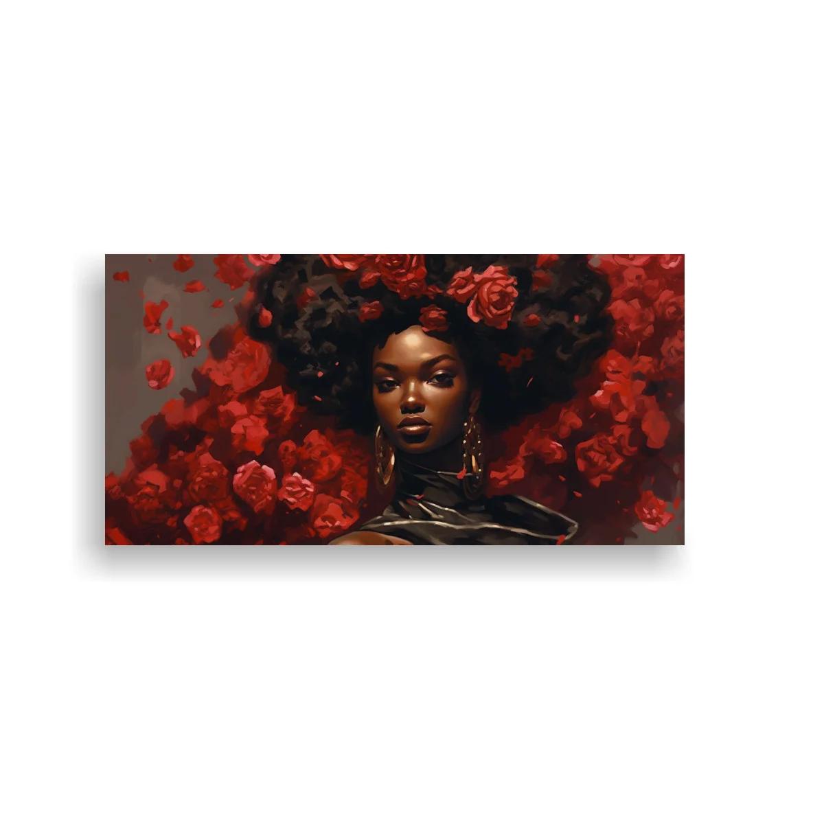 Cuadro mujer afro con flores rojas en el cabello — imagen principal