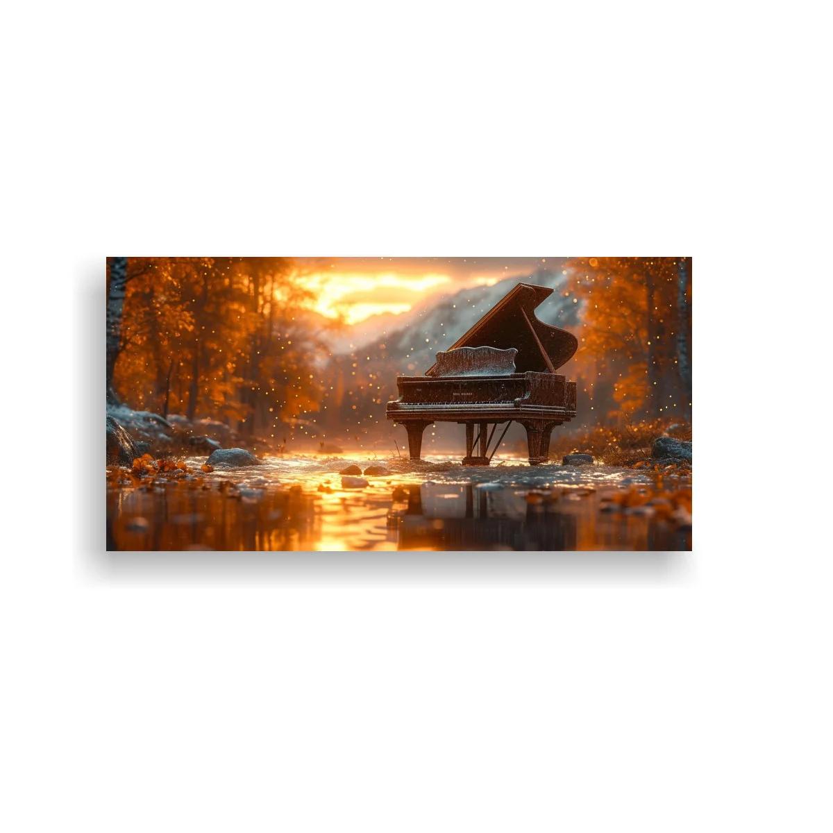 Cuadro piano de cola rodeado de árboles y reflejos cálidos — imagen principal