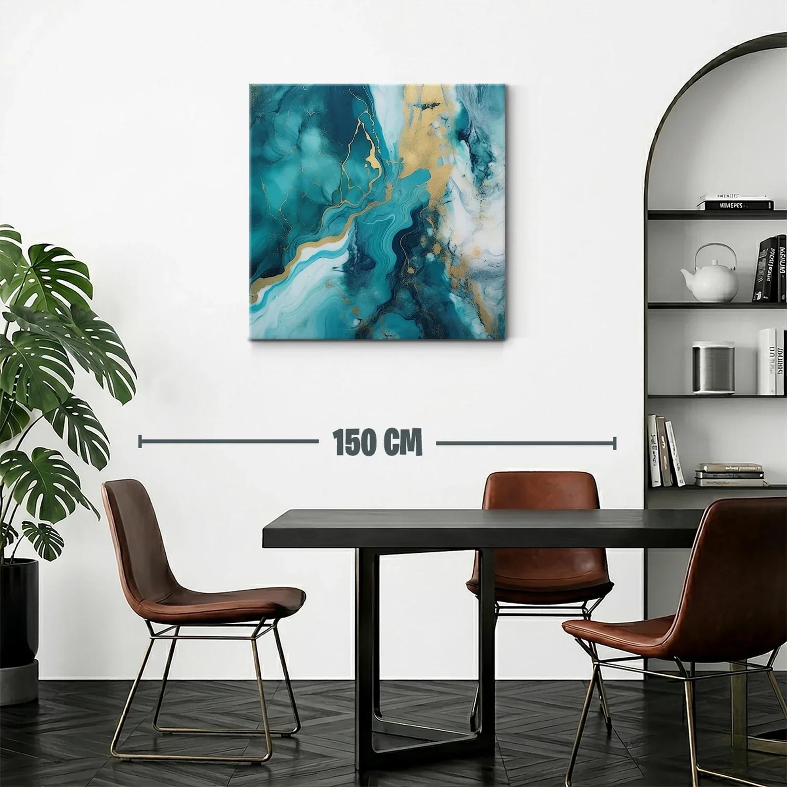 Cuadro abstracto con tonos turquesa y dorado — miniatura 2