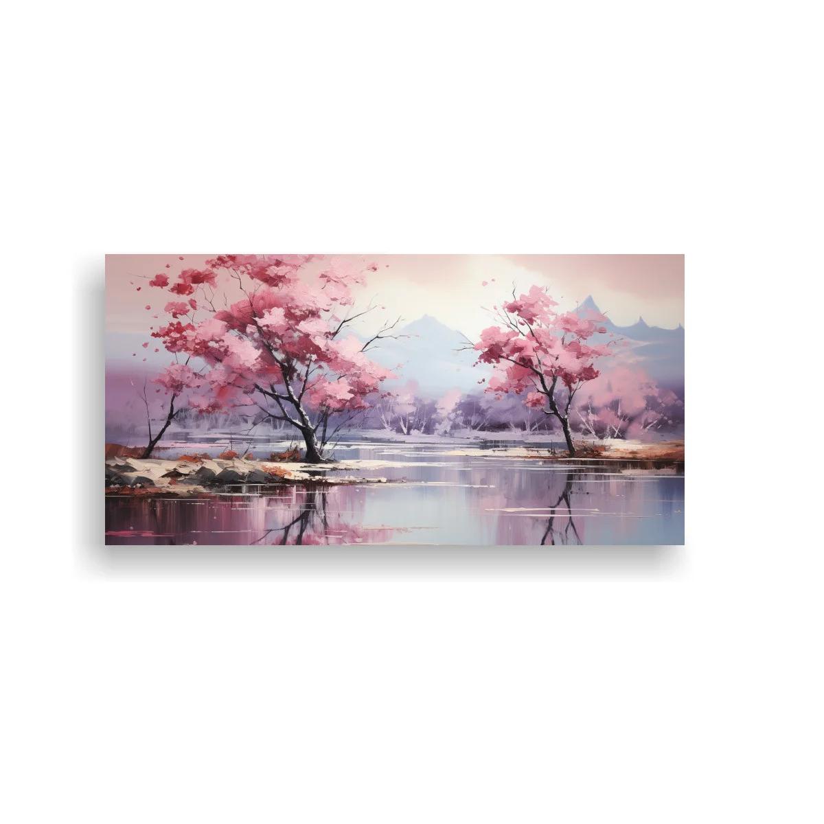 Cuadro cerezos en flor junto a un lago con reflejo espejado — imagen principal