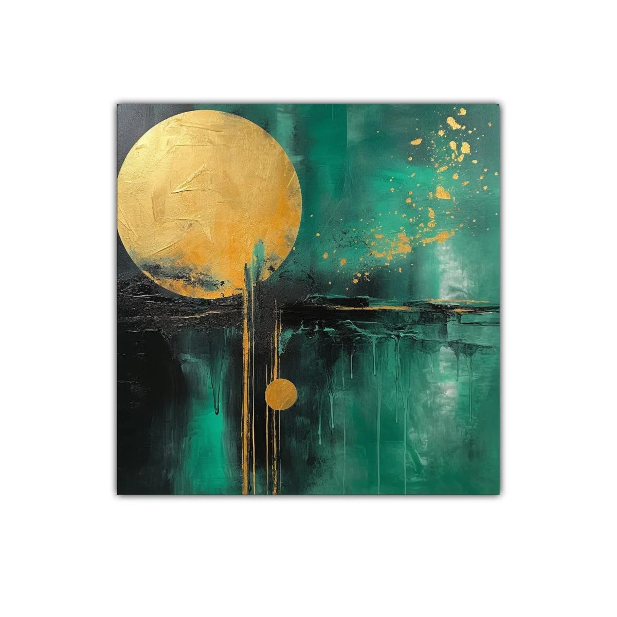 Cuadro abstracto con círculos dorados y fondo verde intenso — miniatura 1