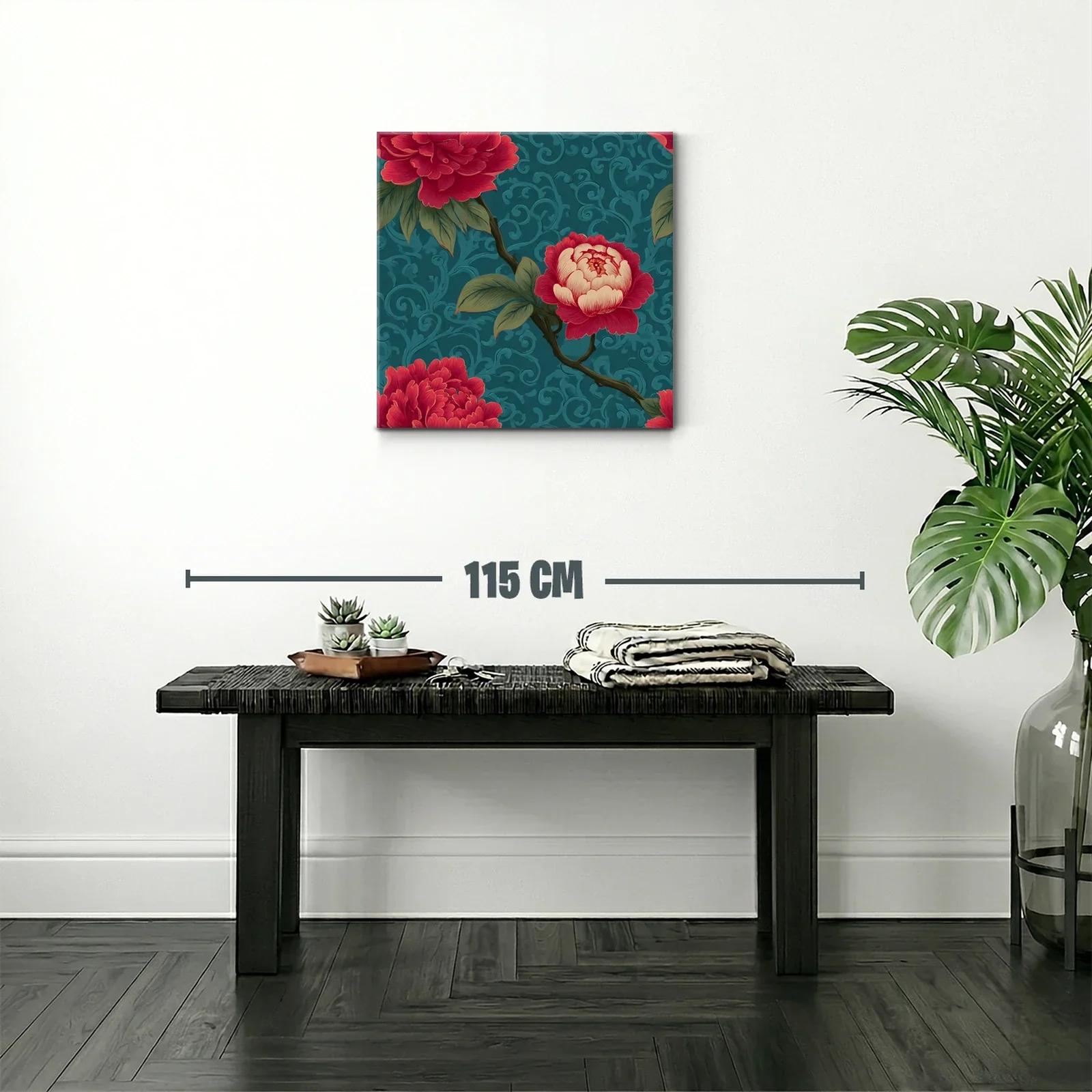 Cuadro floral con rosas rojas sobre fondo azul texturizado — miniatura 2