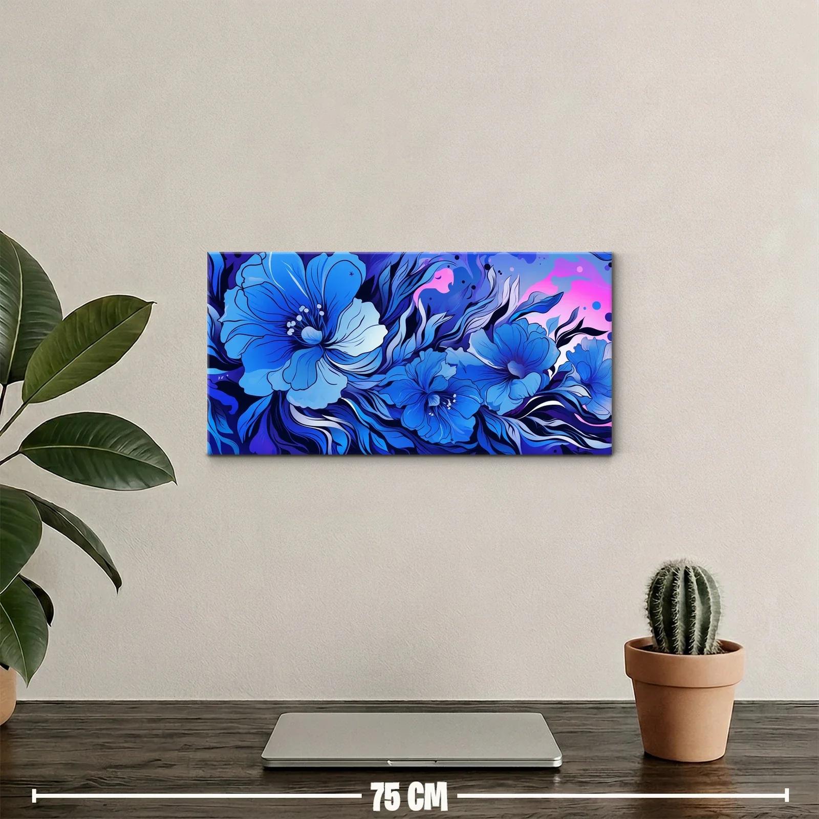 Cuadro flores azules tipo hibisco con follaje fluido — miniatura 2