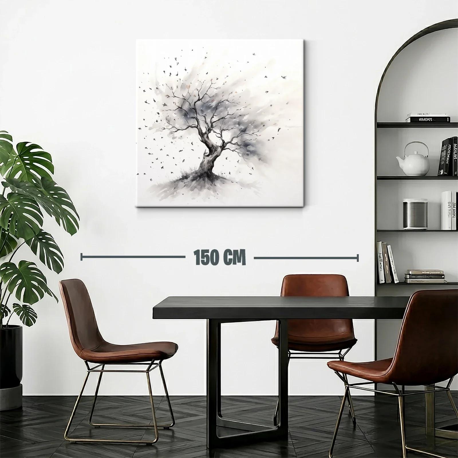 Árbol solitario con aves en tonos neutros — miniatura 2