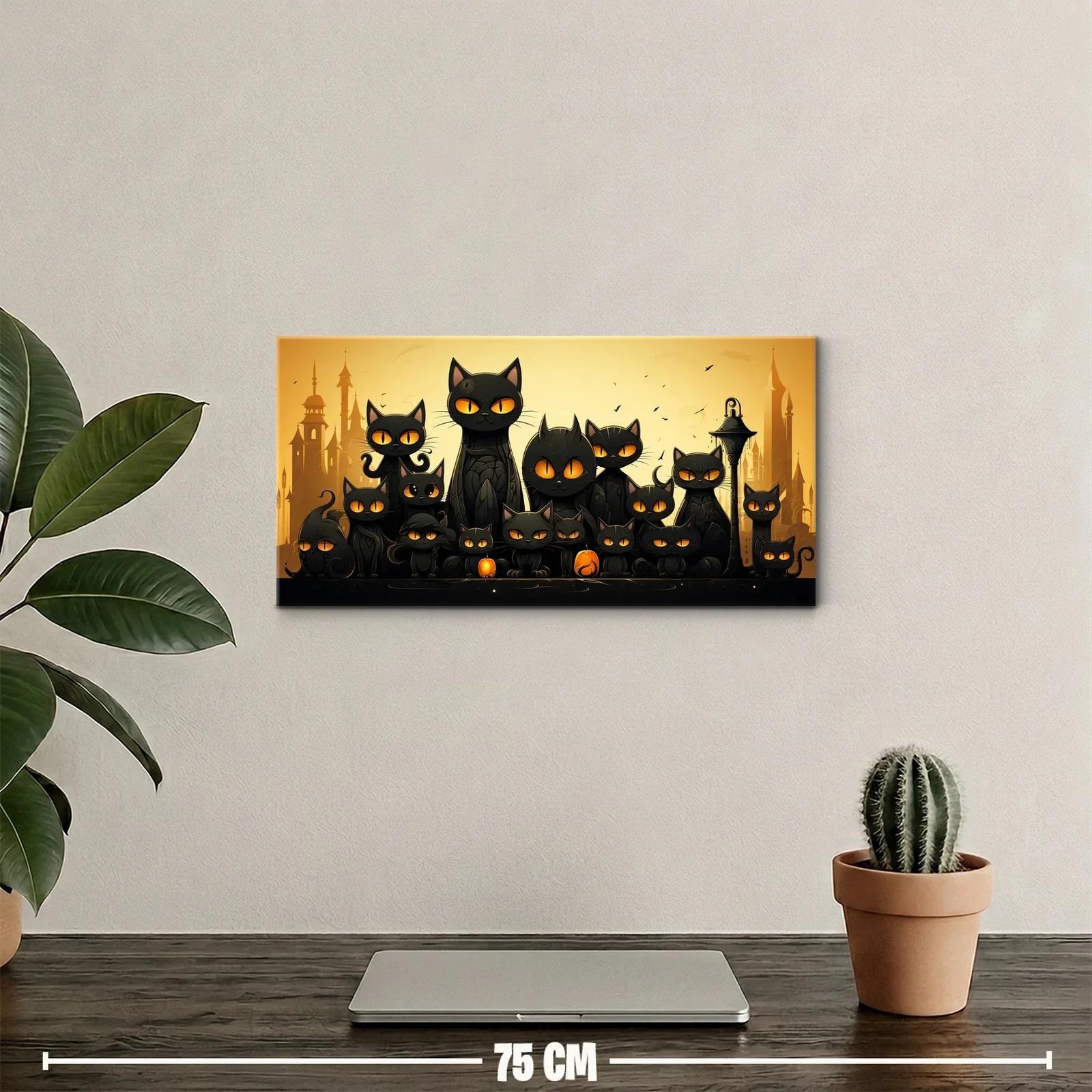 Cuadro grupo de gatos negros con farol y calabazas — miniatura 2