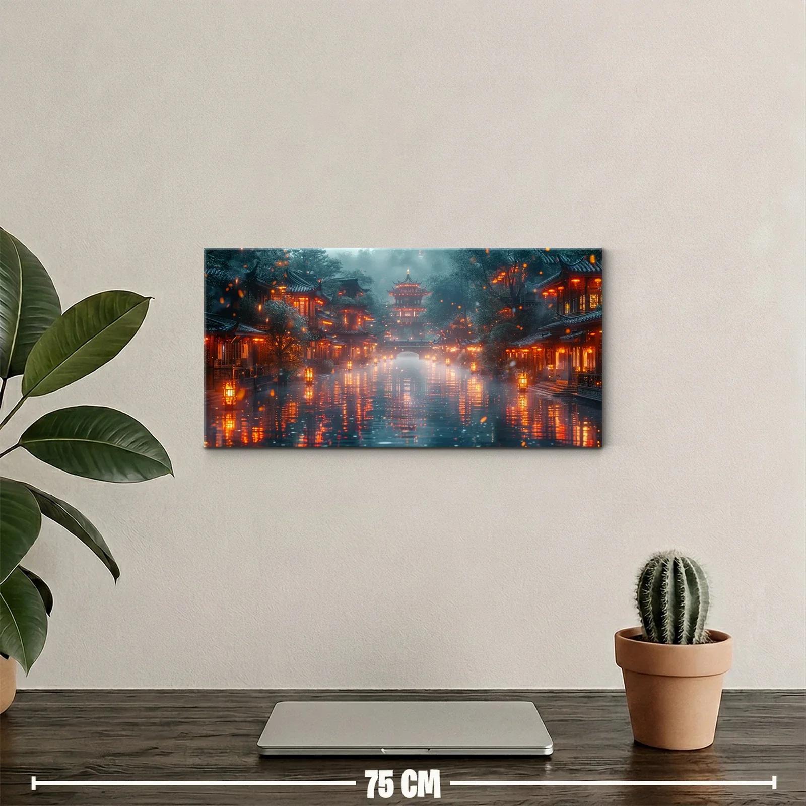 Cuadro canal con pagoda asiática iluminada y bruma — miniatura 2