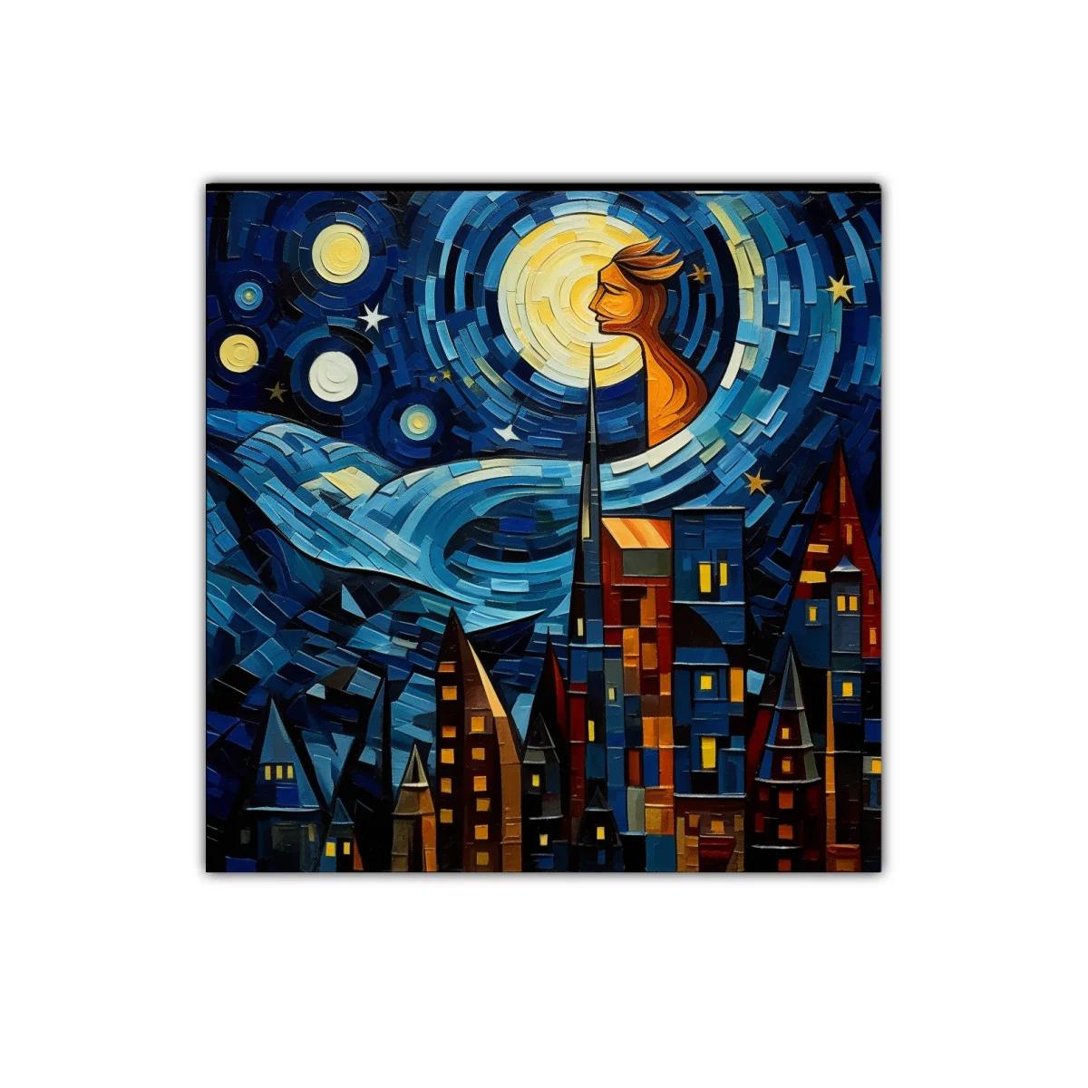 Paisaje urbano bajo un cielo estrellado con figura luminosa — miniatura 1