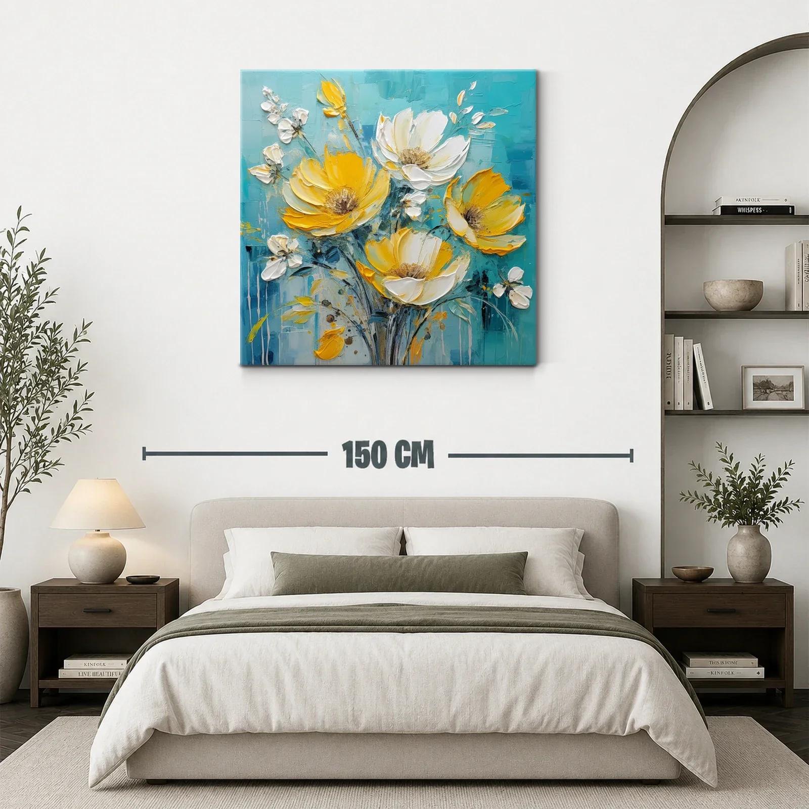 Ramo vibrante de flores amarillas y blancas sobre fondo azul — miniatura 3