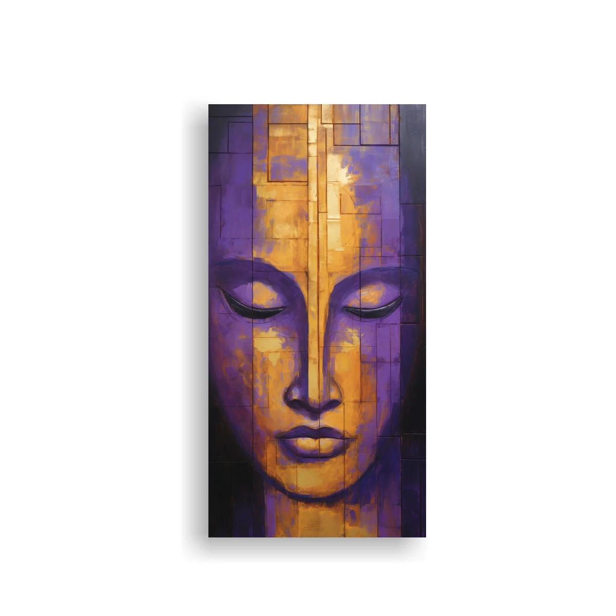 Cuadro rostro de Buda con planos rectangulares y franja clara — imagen principal