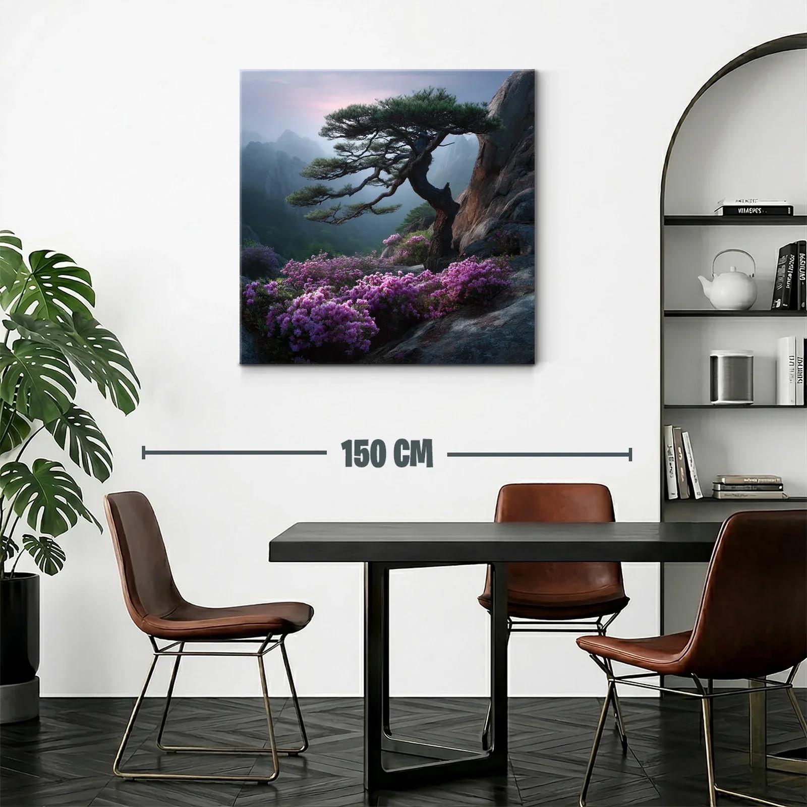 Paisaje sereno con árbol y flores sobre rocas en montaña — miniatura 2