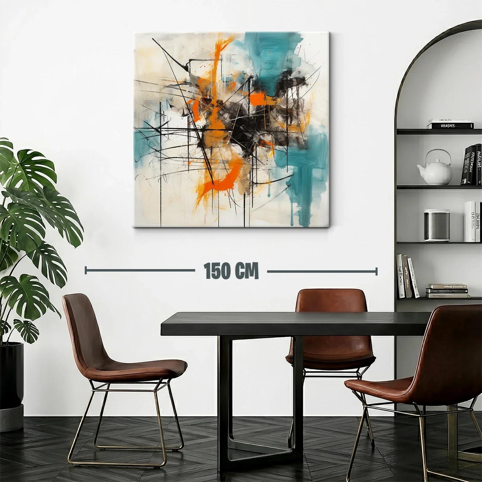 Cuadro abstracto con trazos en naranja y turquesa vibrante — miniatura 2