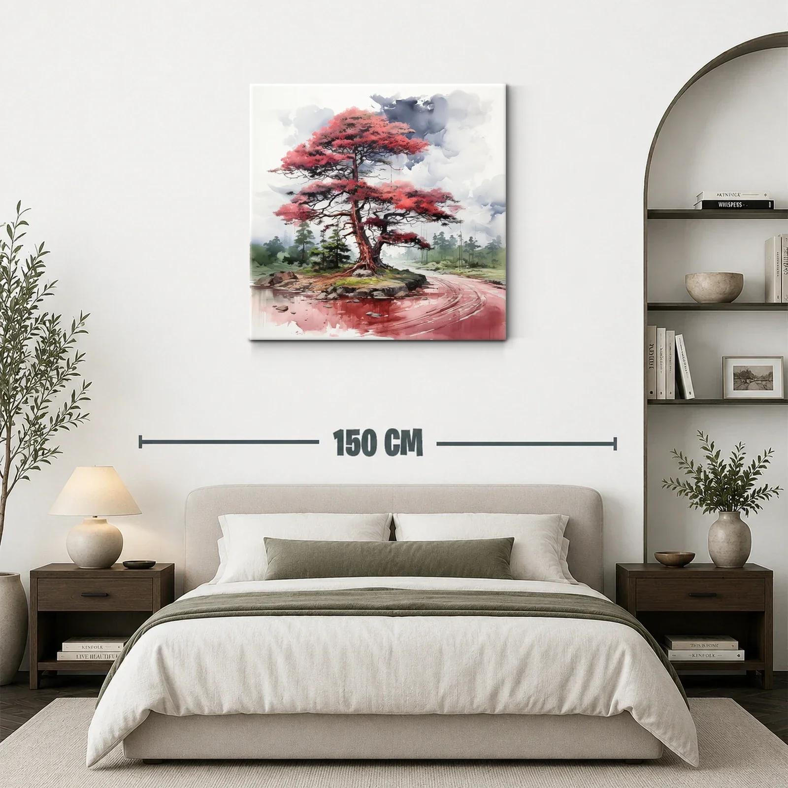 Árbol rojo junto al río en paisaje tranquilo y etéreo — miniatura 3