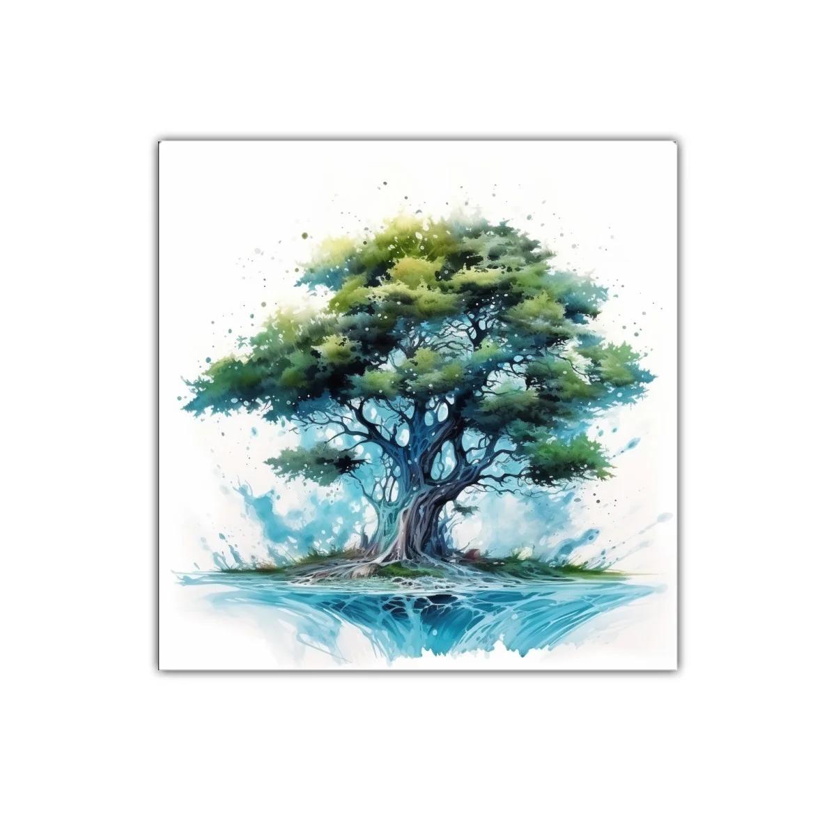 Árbol frondoso en tonos azules y verdes vibrantes