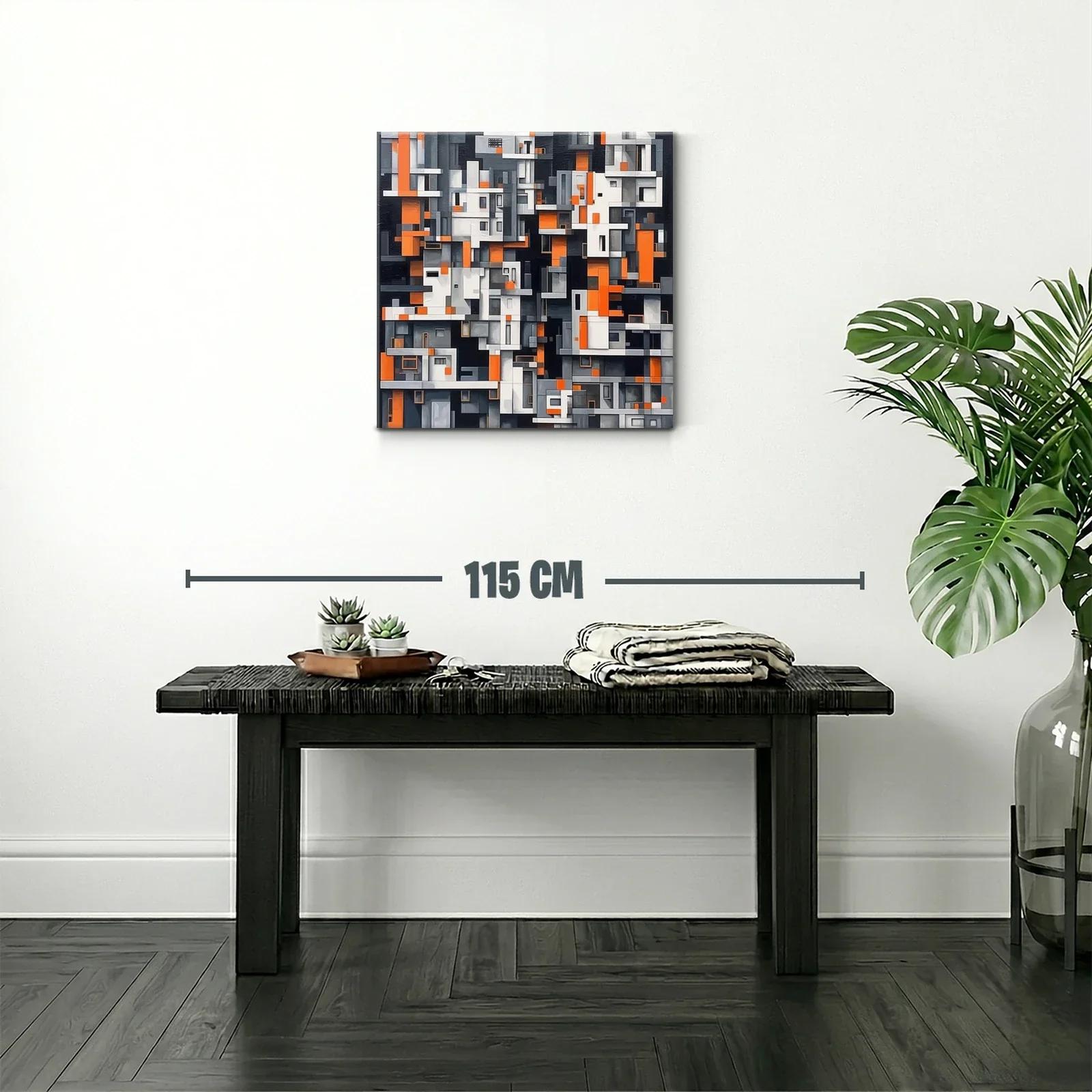 Cuadro abstracto con diseño geométrico en tonos naranja y gris — miniatura 2