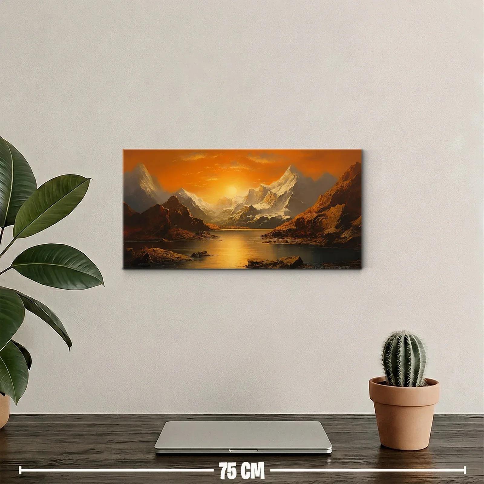 Cuadro paisaje de montañas nevadas con lago y sol bajo — miniatura 2
