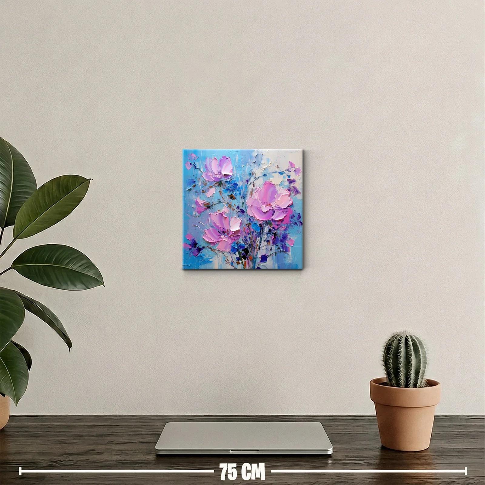 Cuadro floral con flores en tonos rosas y azules vibrantes — miniatura 2