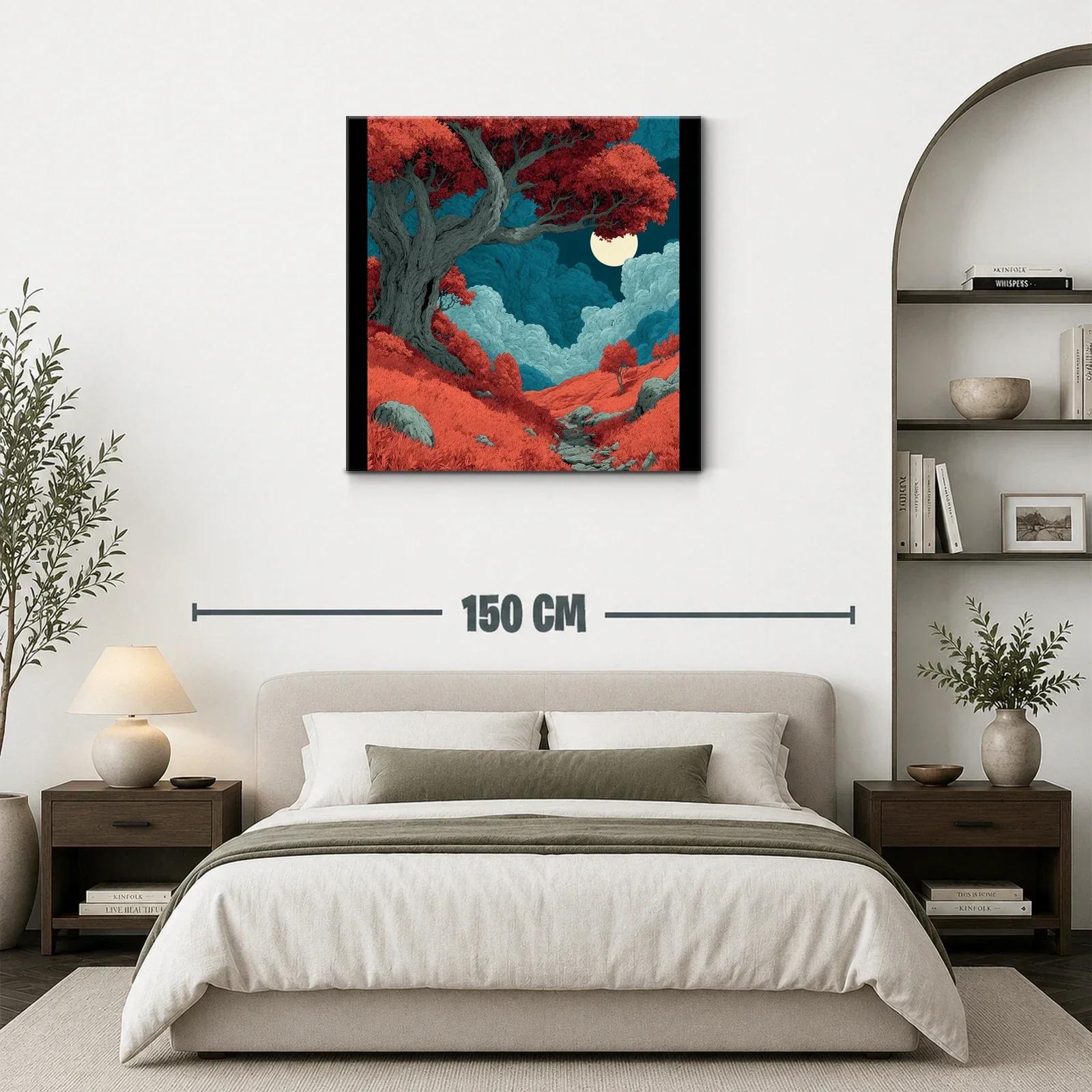 Paisaje mágico con árbol rojo y luna llena brillante — miniatura 3