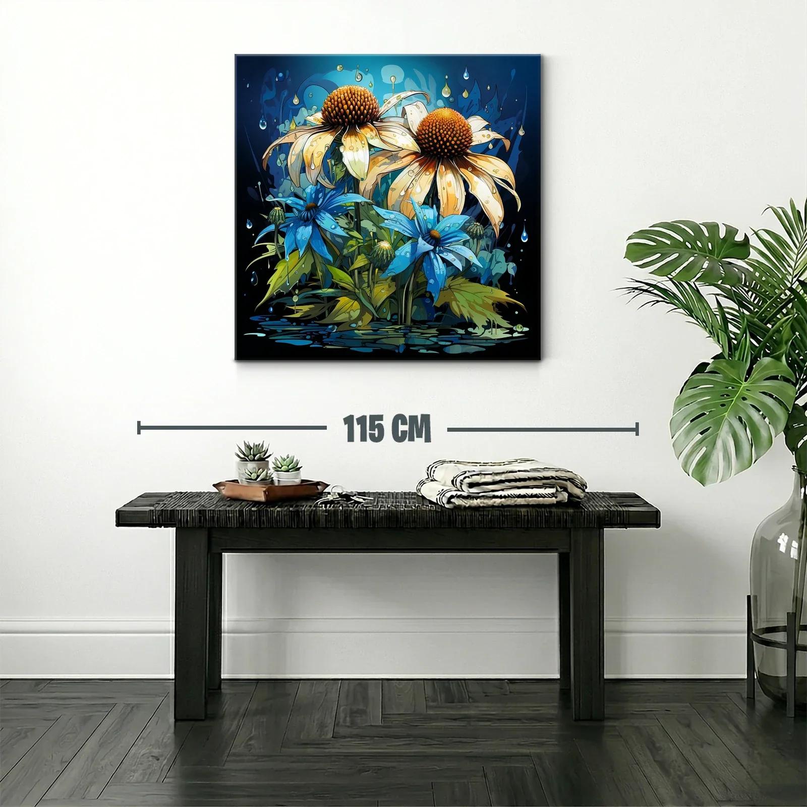 Flores vibrantes con gotas sobre fondo azul oscuro — miniatura 2