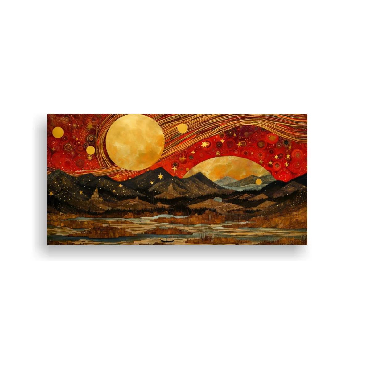 Cuadro paisaje montañoso con luna llena y cielo estrellado dorado — imagen principal