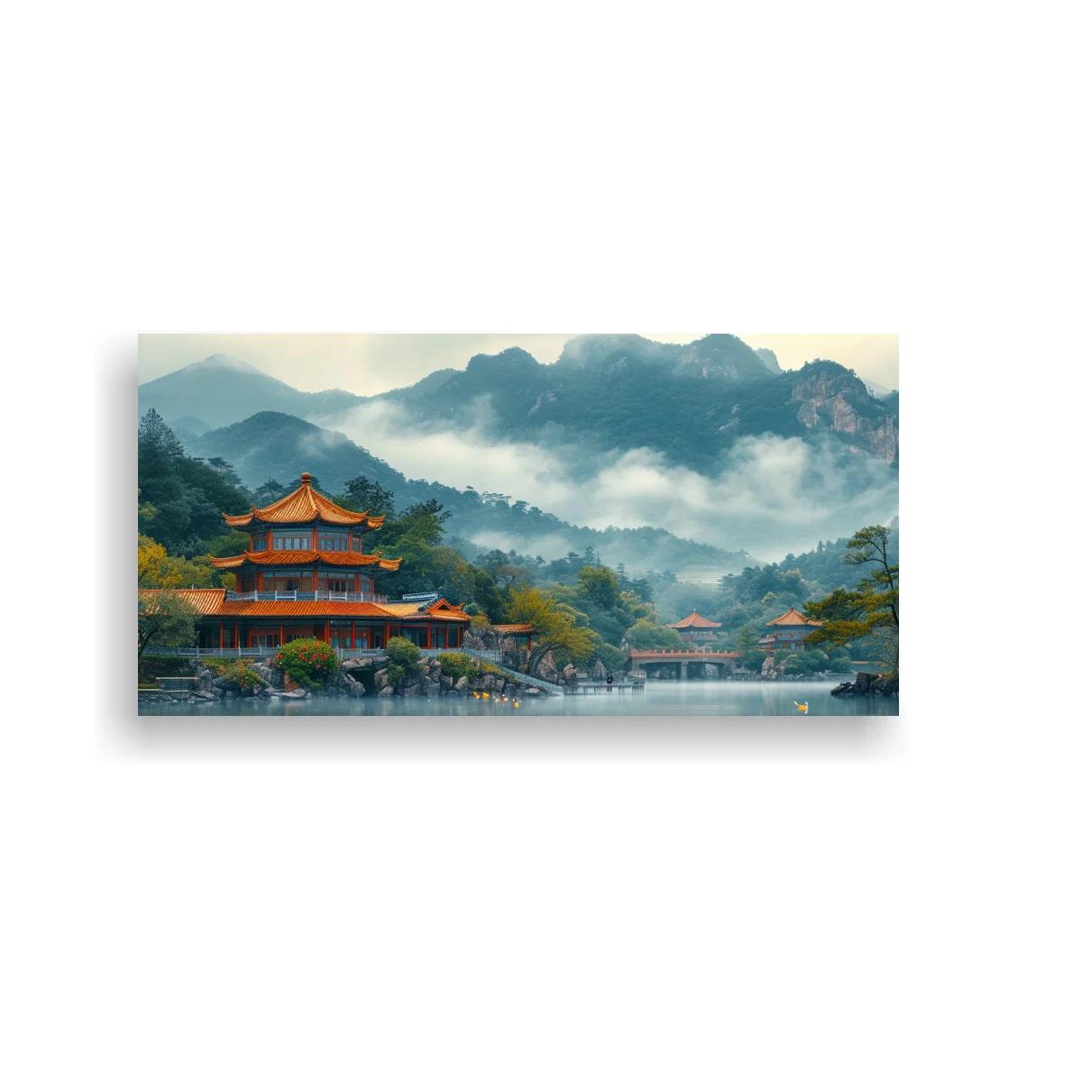 Cuadro pagoda china junto a un lago y montañas brumosas