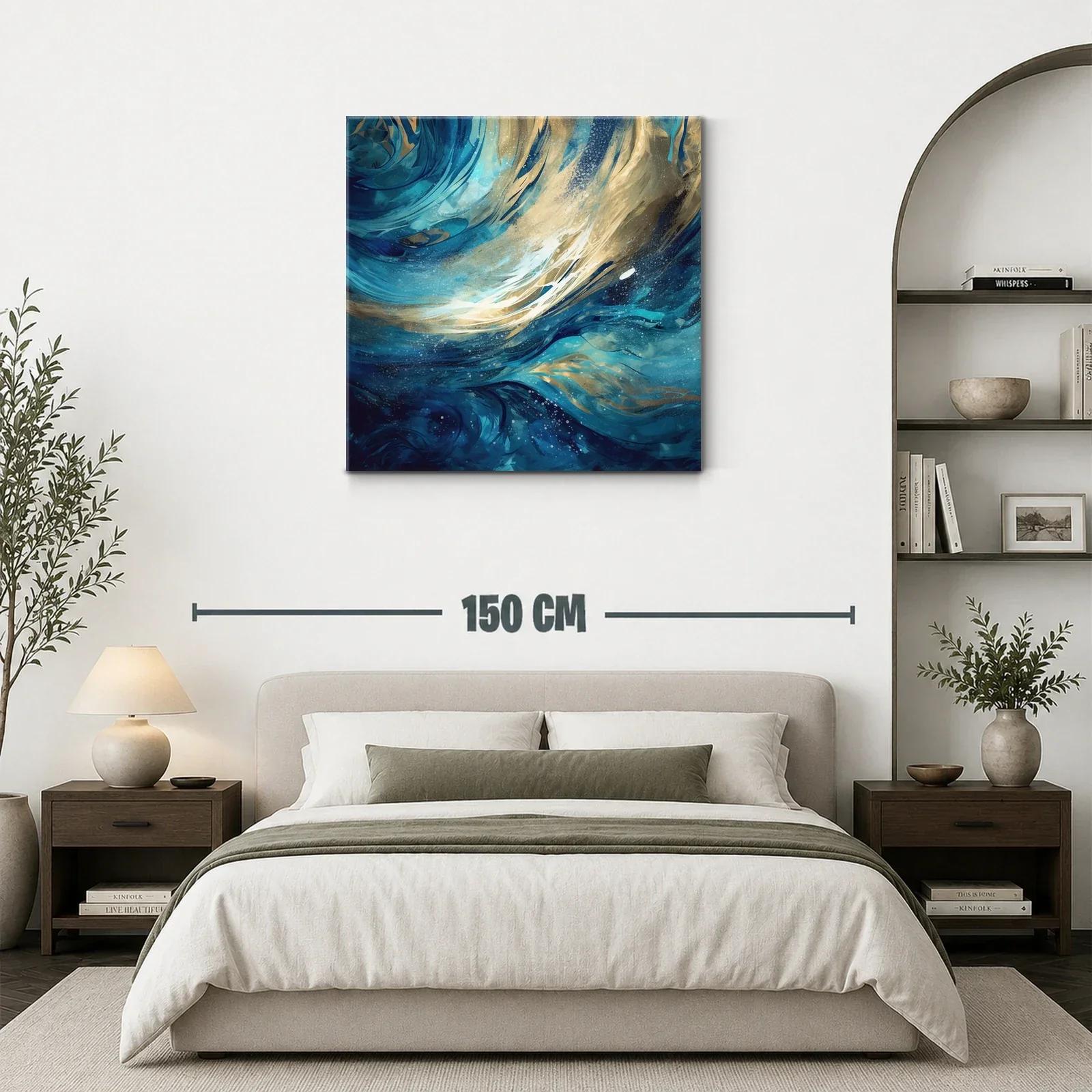 Cuadro abstracto con ondas dinámicas en tonos azul y dorado — miniatura 3
